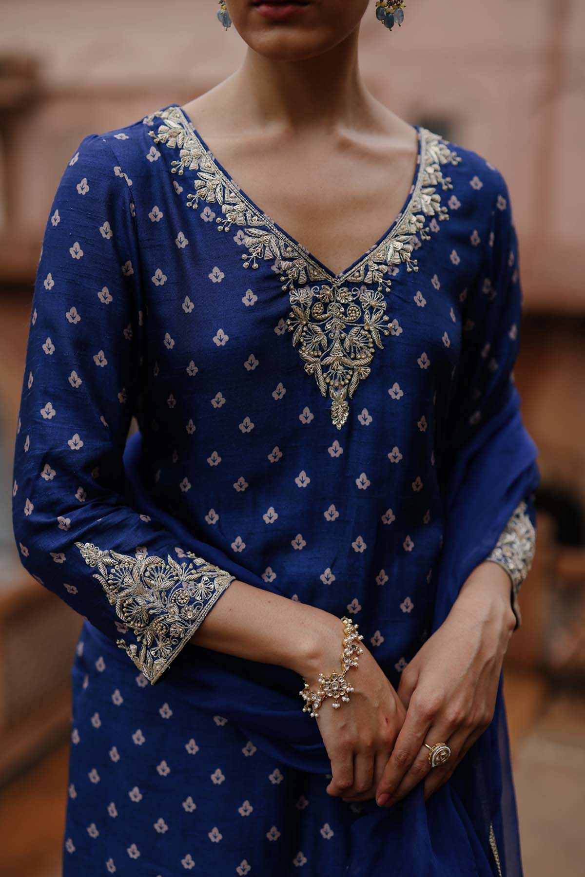 Royal Blue V-Neck Sharara Set