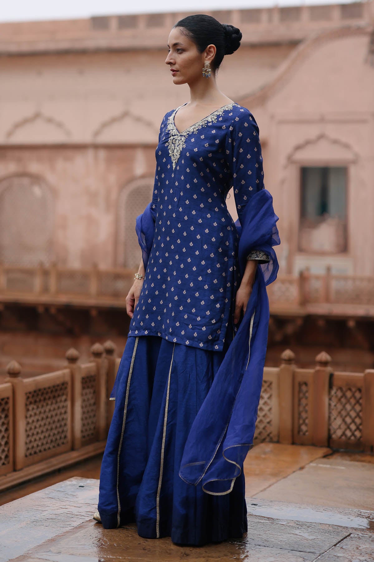 Royal Blue V-Neck Sharara Set