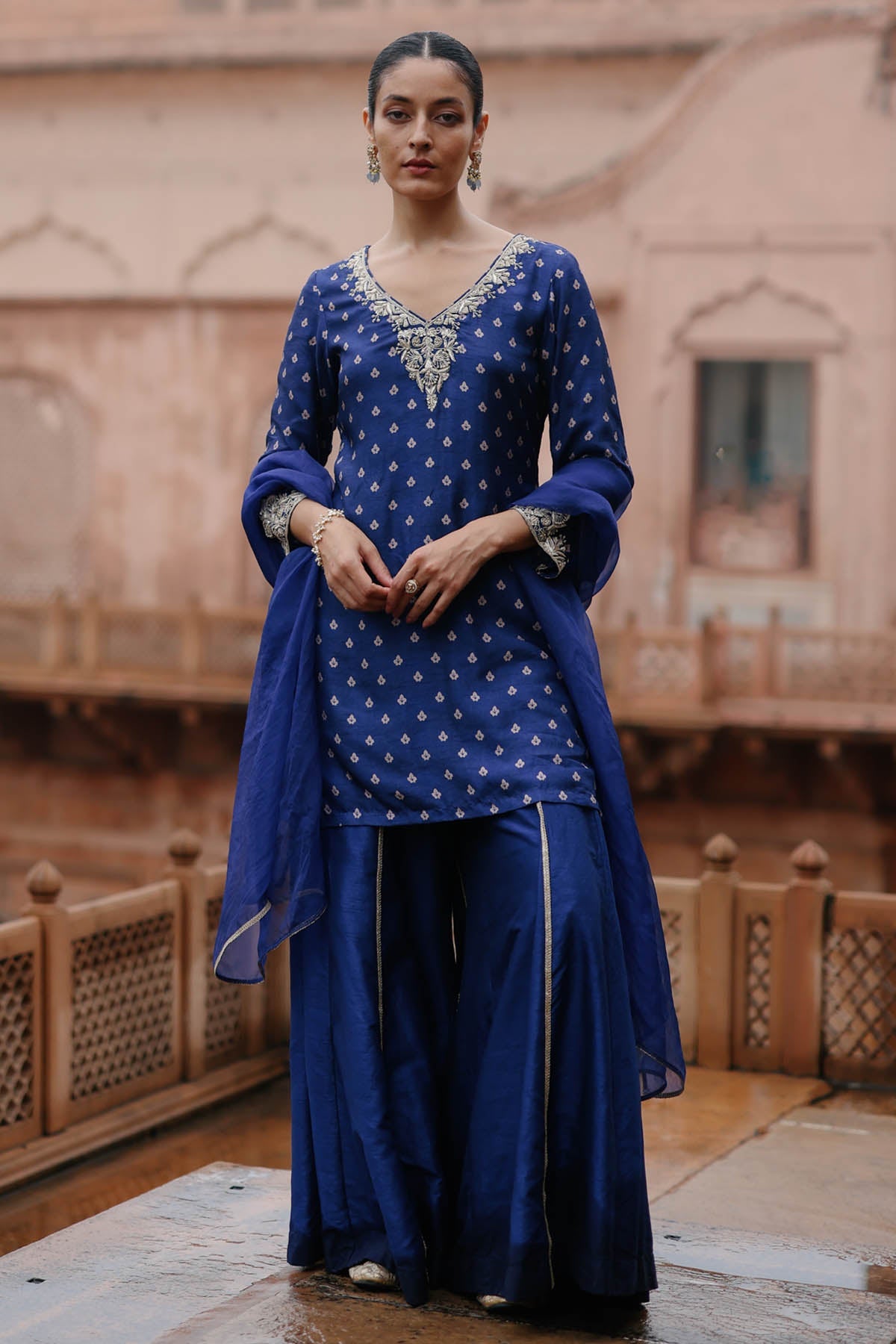 Megha Pitti Royal Blue V-Neck Sharara Set for women online at ScrollnShops