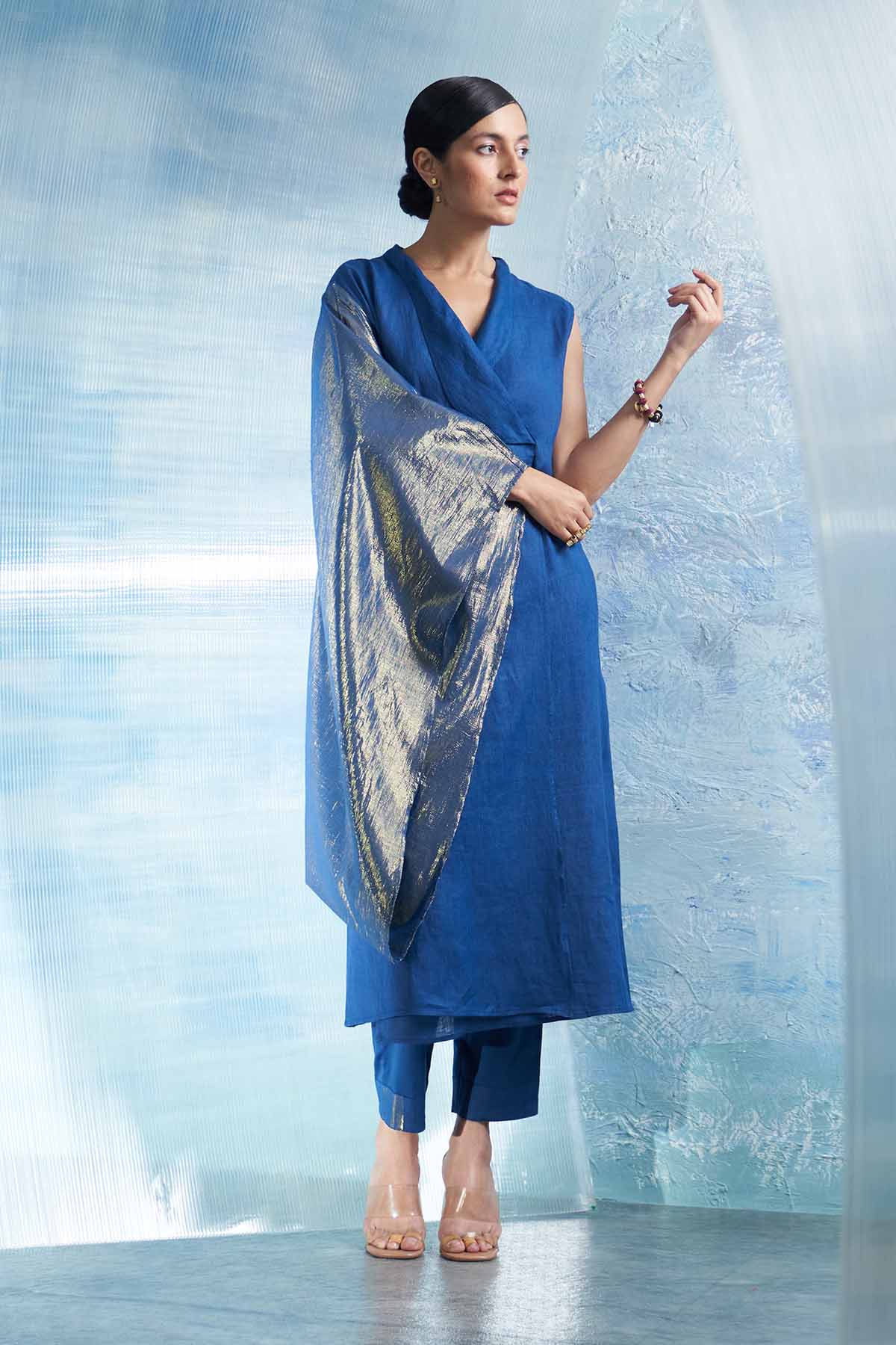 Royal Blue Wrap V-Neck Kurta Set