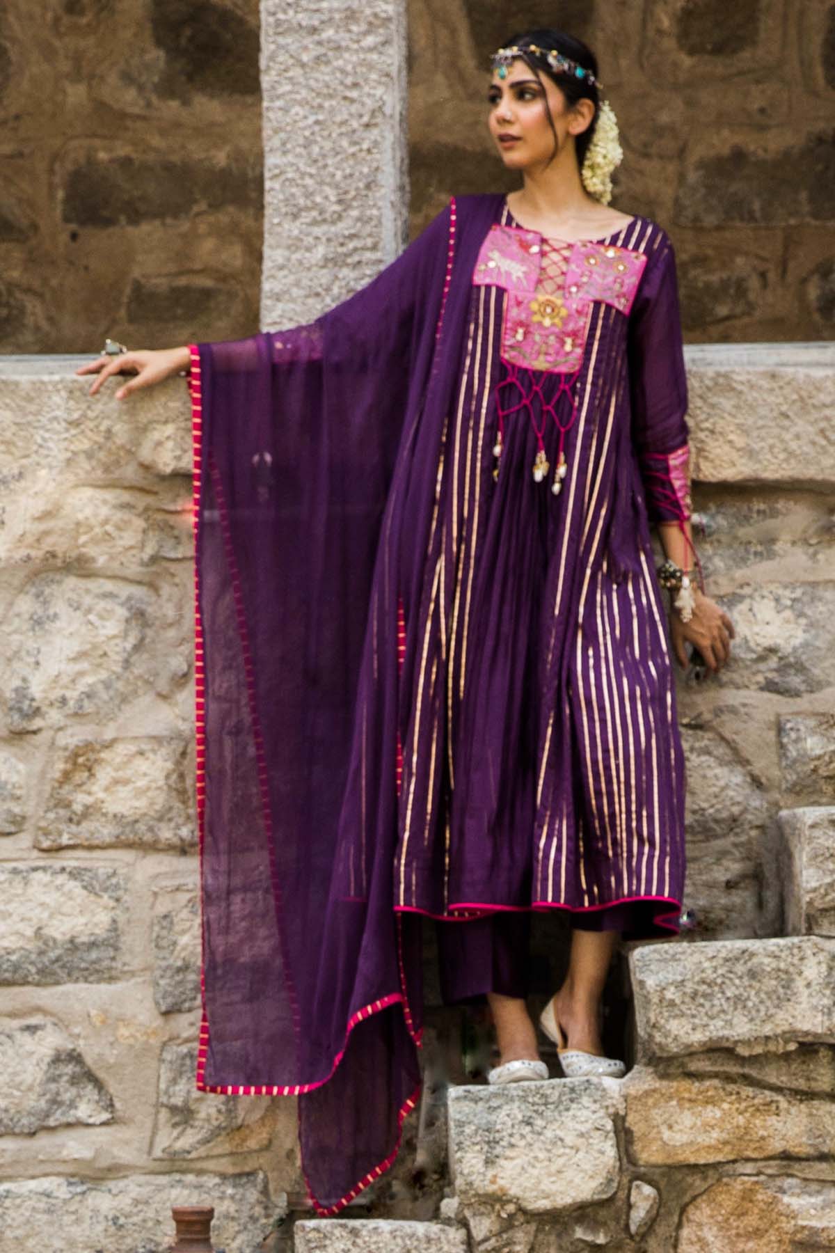 Seharre Royal Purple Chanderi Kurta Set  for women online at ScrollnShops