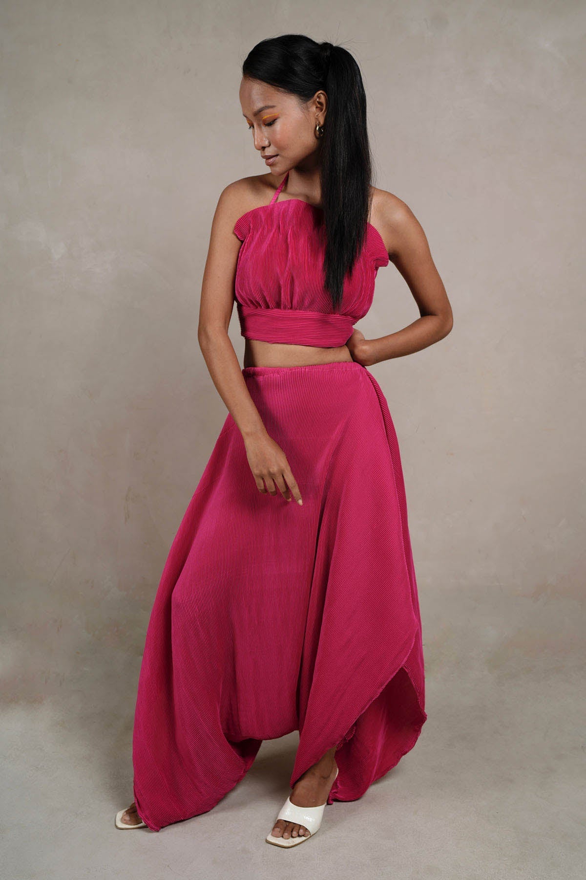 Buy Ruby Pink Pleated Skirt For Women by SewSutra Available online at ScrollnShops