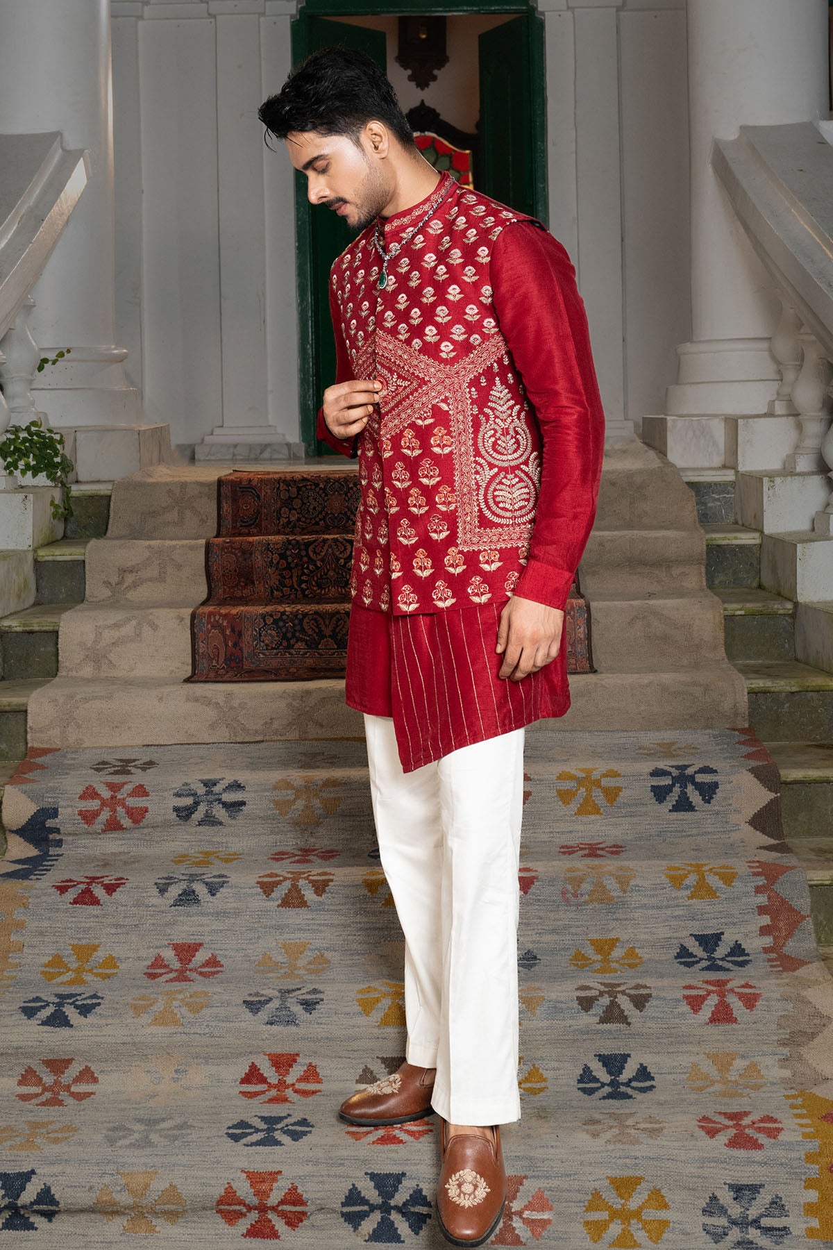 Ruby Red Silk Thread Kurta Set