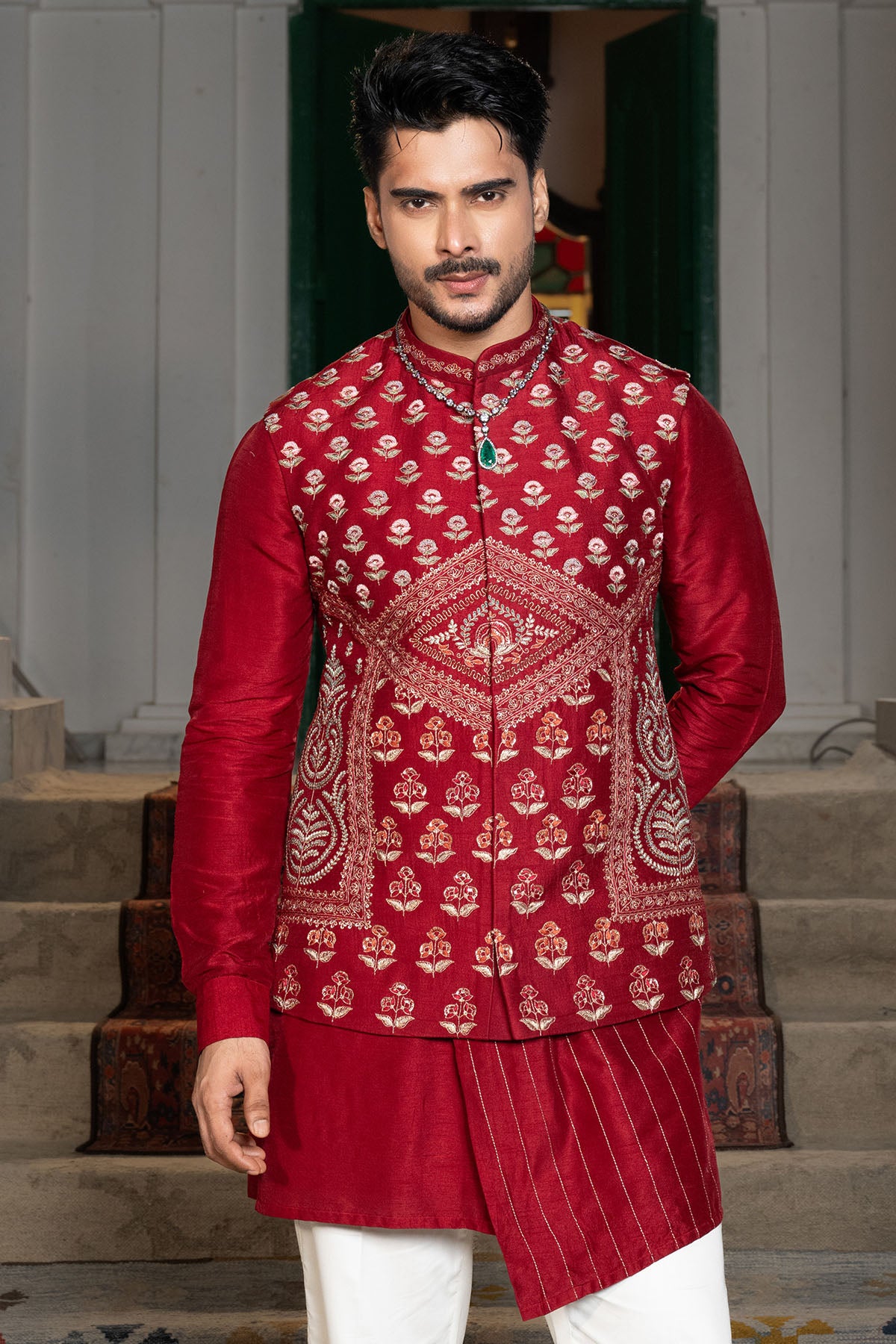 Ruby Red Silk Thread Kurta Set