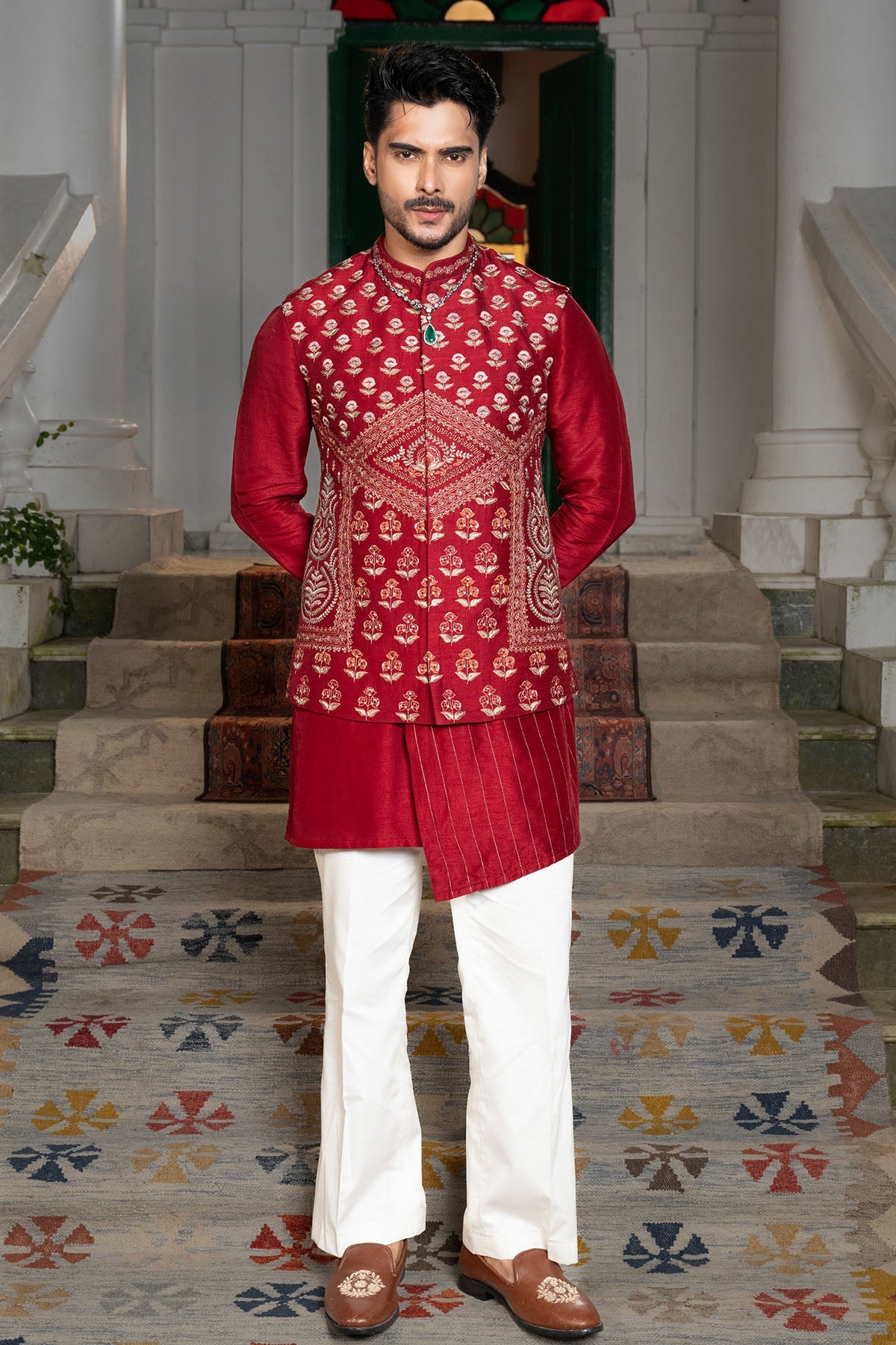 Buy Ruby Red Silk Thread Kurta Set for women by Paarsh Atelier online available at scrollnshops