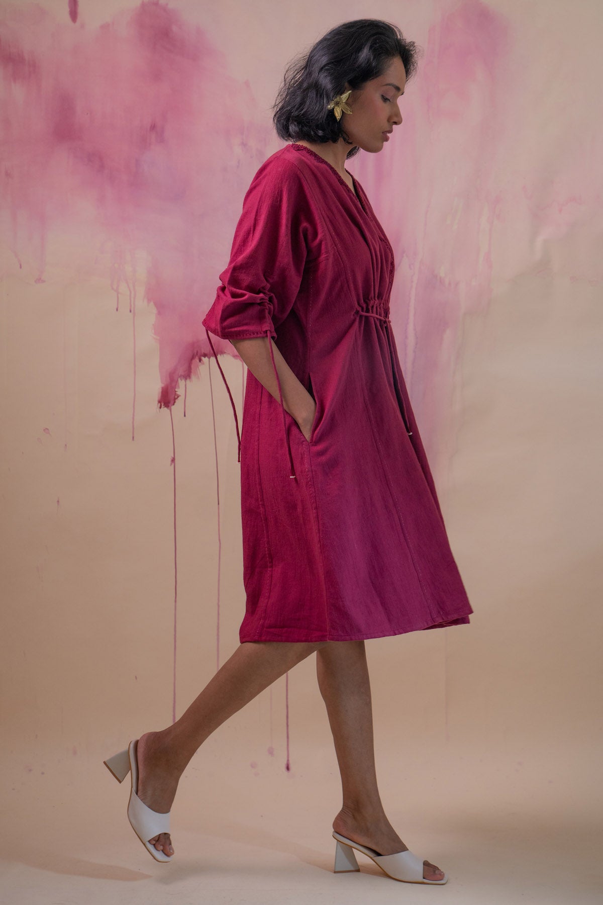 Ruched Cotton Maroon Dress