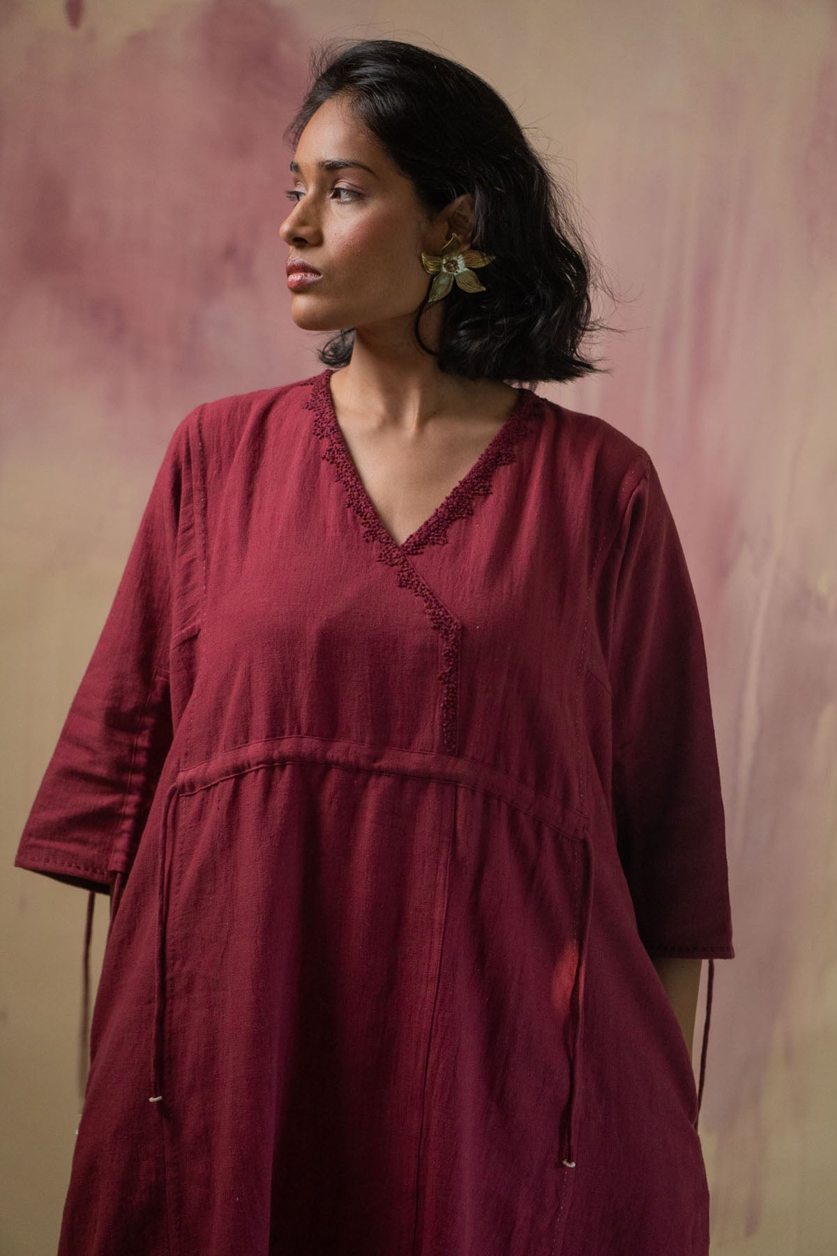 Ruched Cotton Maroon Dress