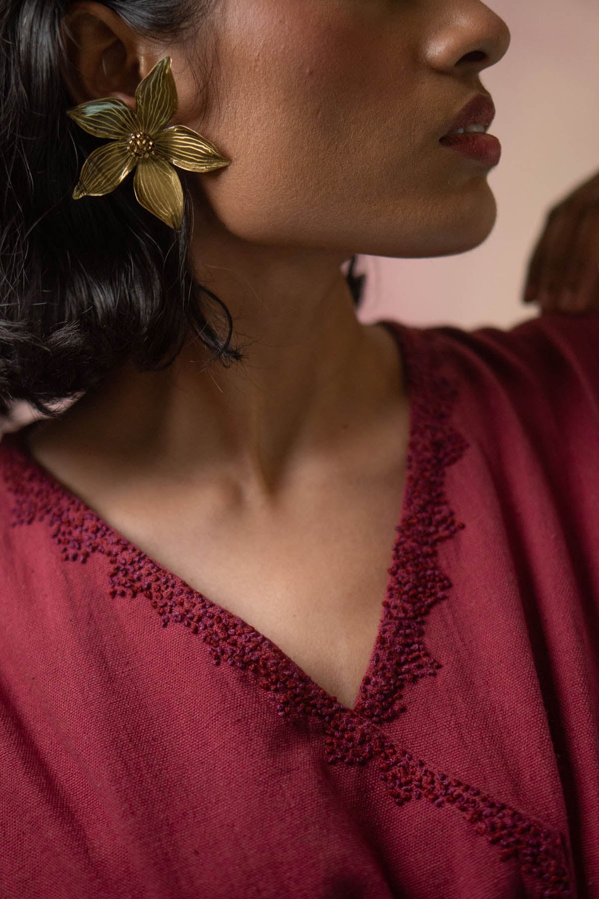 Ruched Cotton Maroon Dress