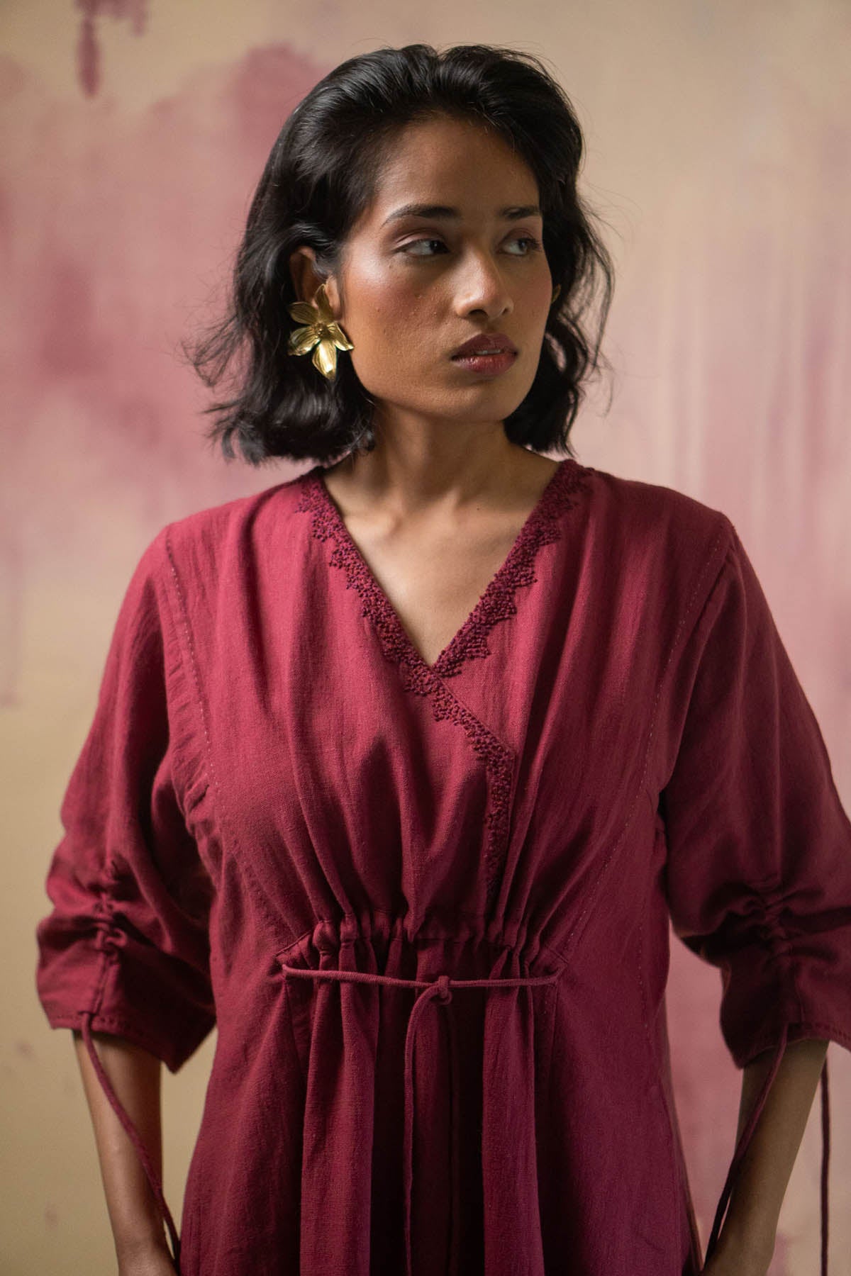 Ruched Cotton Maroon Dress