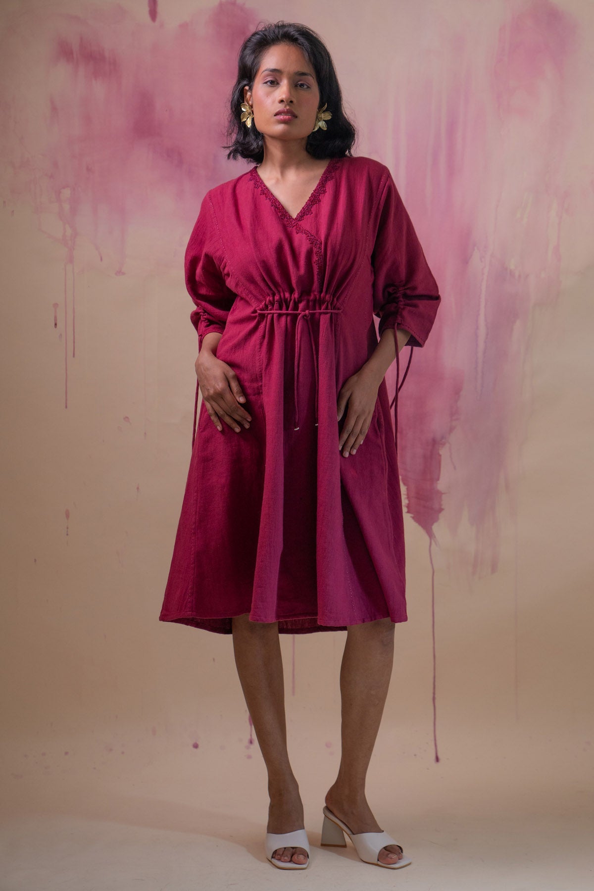 Buy Designer Ruched Cotton Maroon Dress By Lafaani
