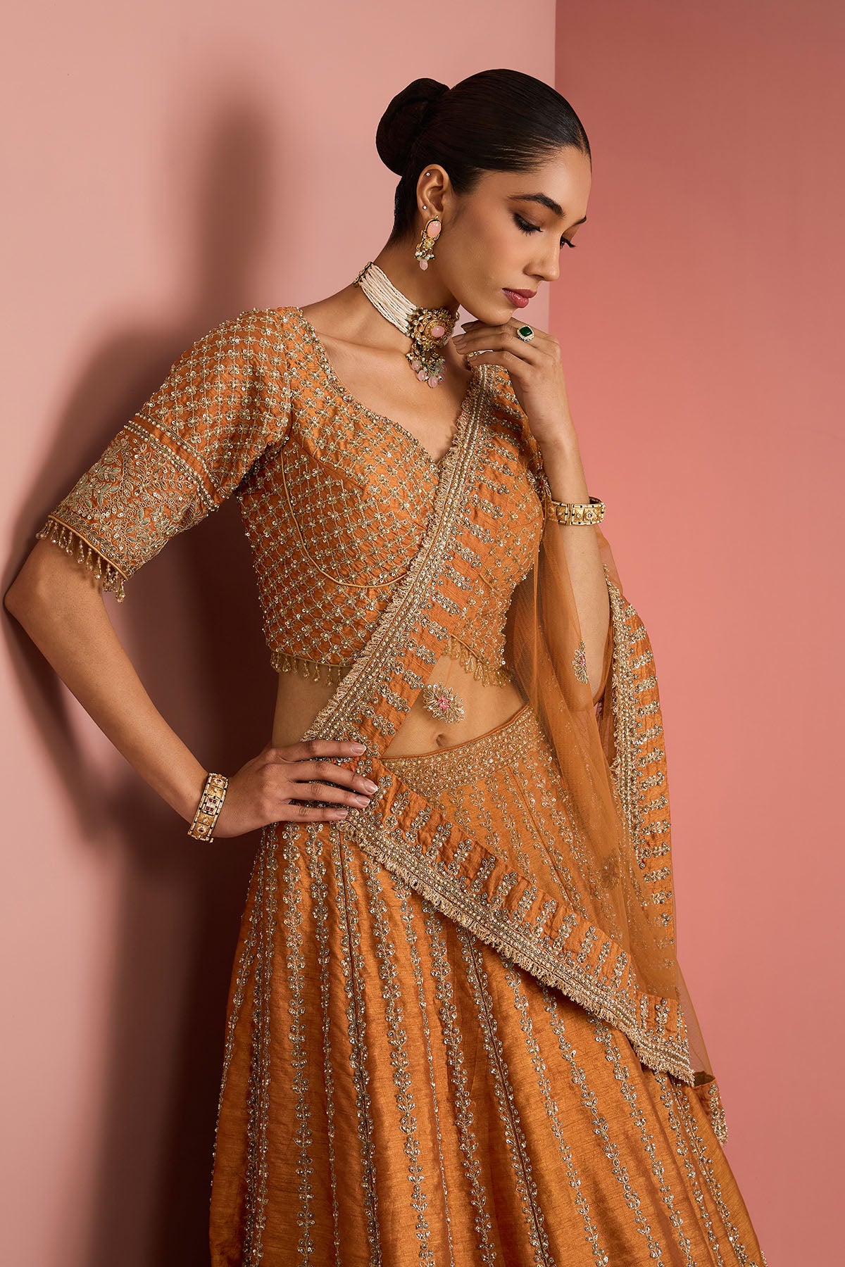 Rusr Orange Aari Lehenga Set