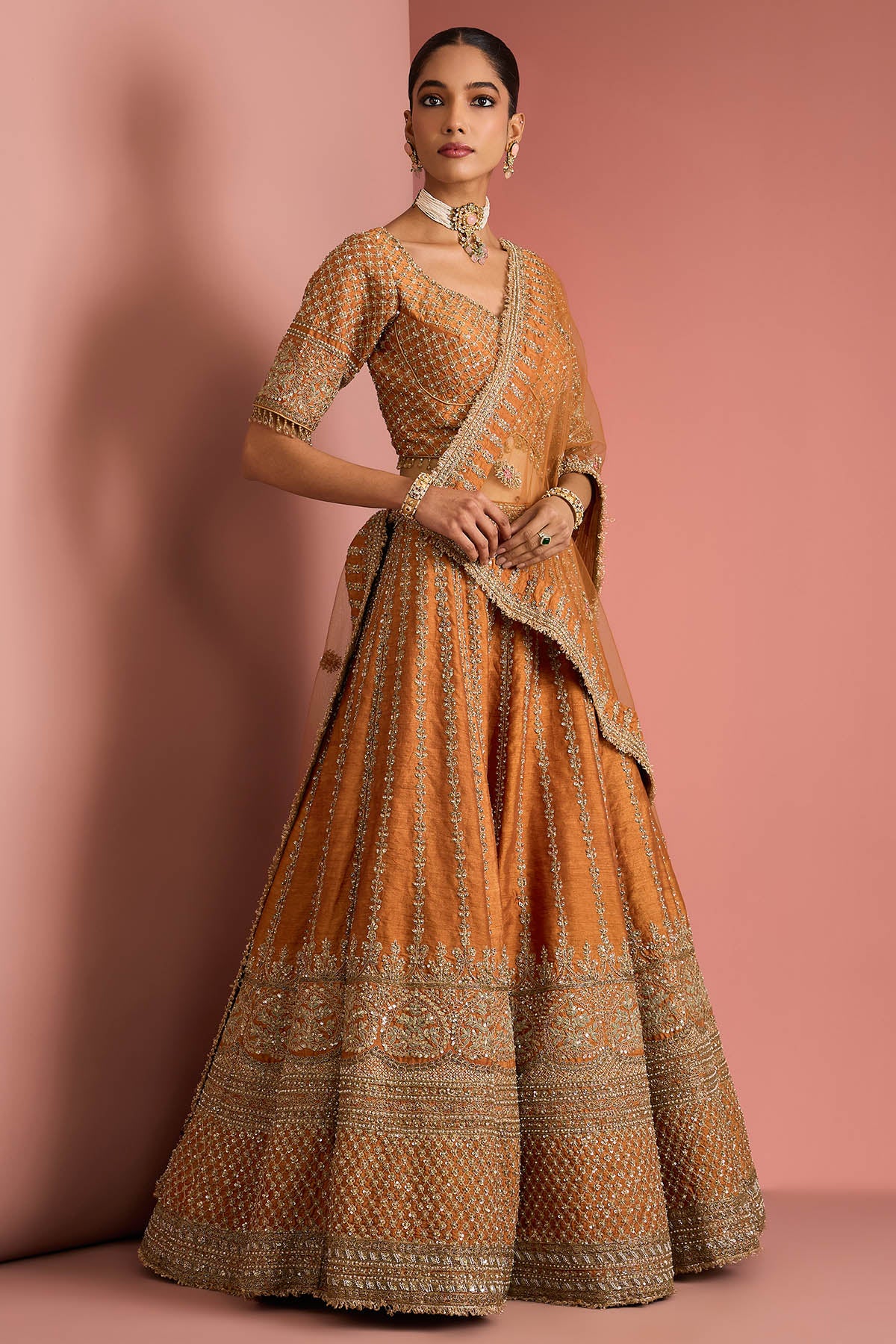 Rusr Orange Aari Lehenga Set