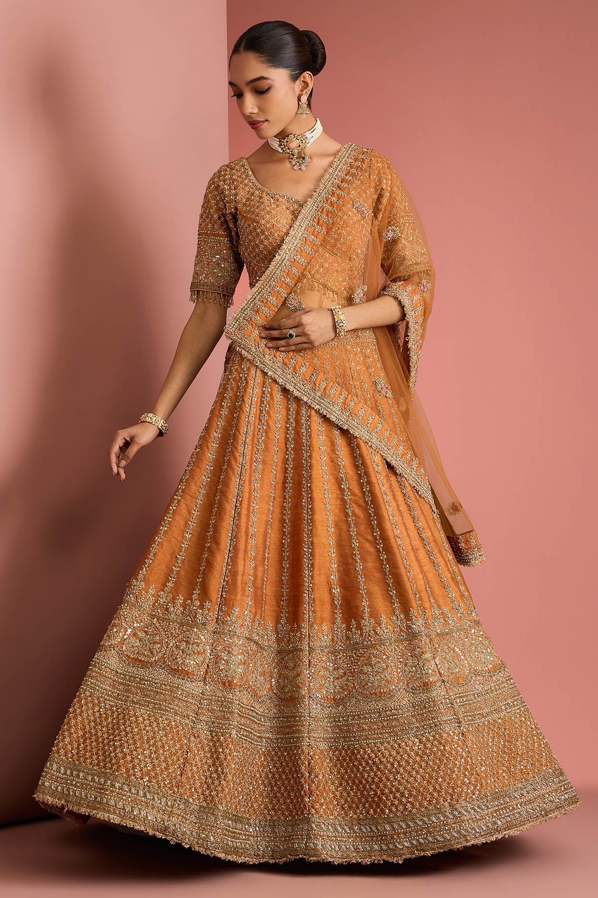 Buy Rusr Orange Aari Lehenga Set for women by Milu Madan online available at scrollnshops