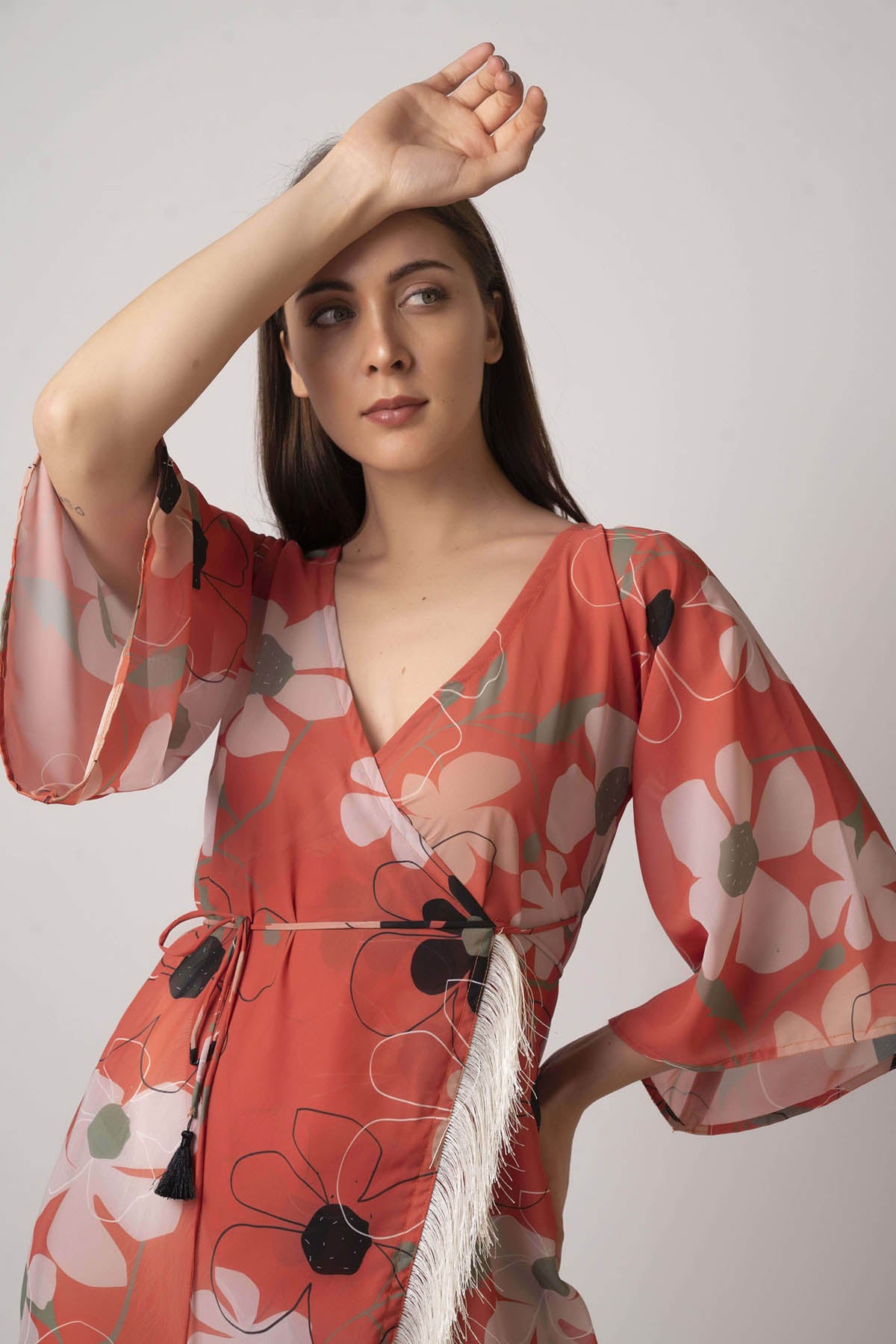 Rust Orange Floral Wrap Dress