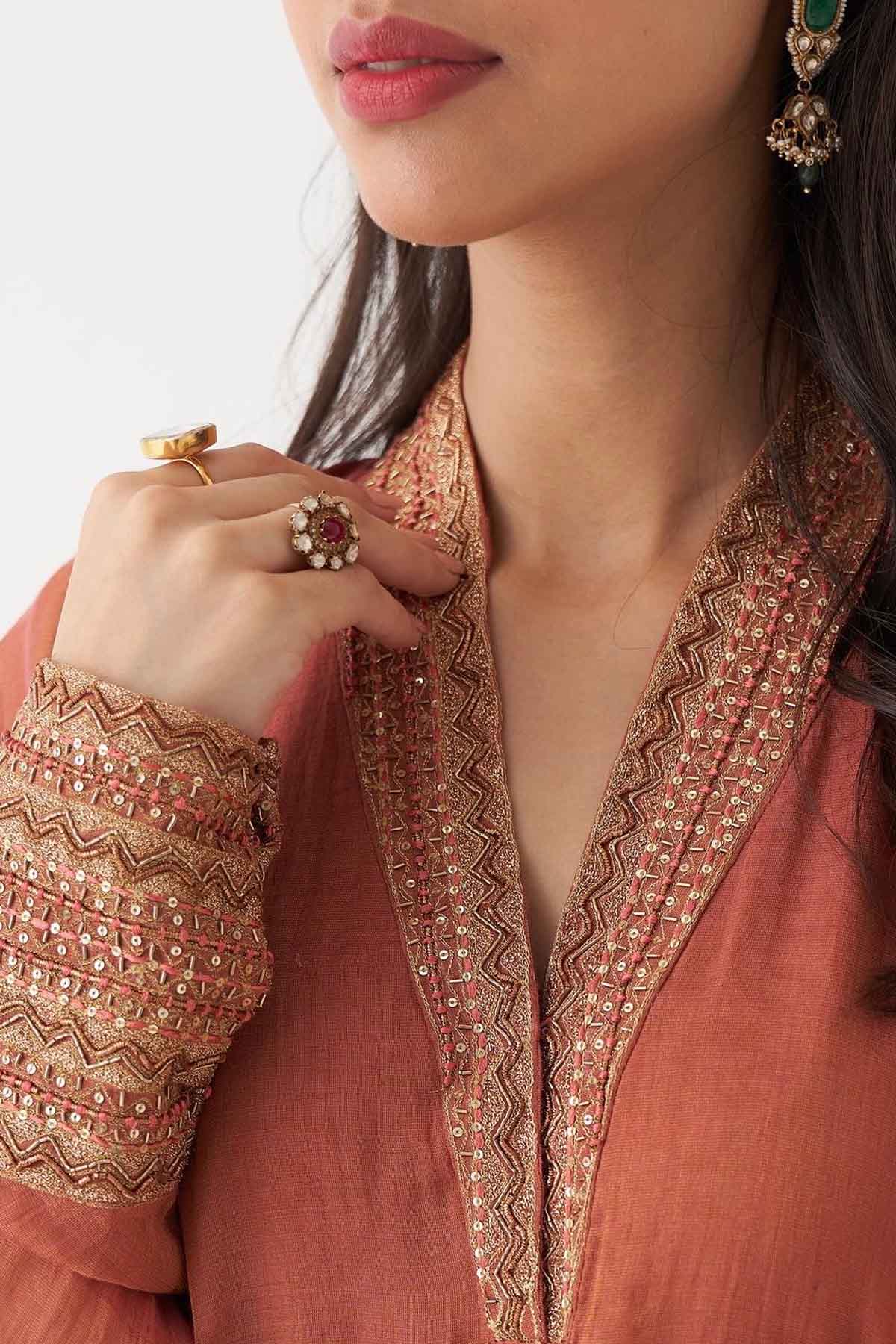 Rust Orange Zardozi Anarkali Set