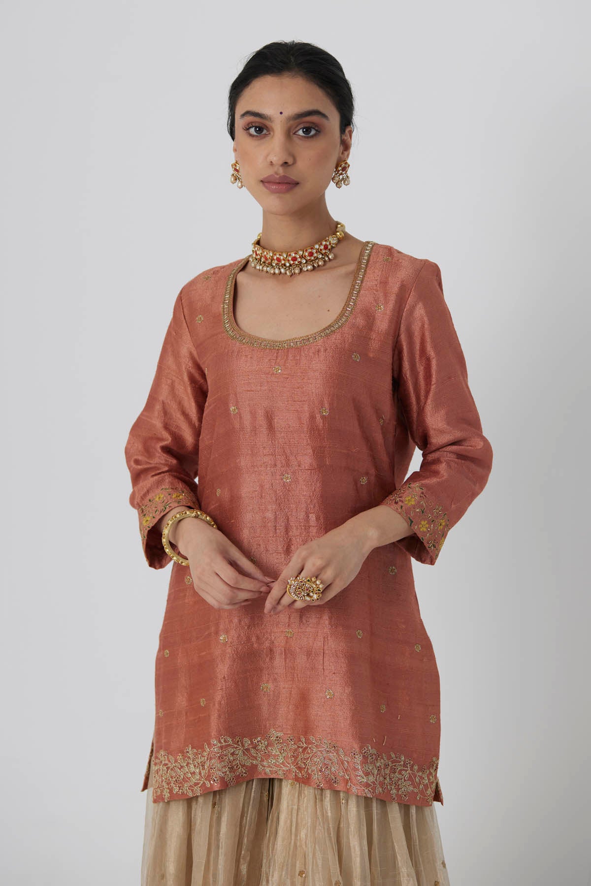 Rust Peach Ari Zardosi Kurta Set