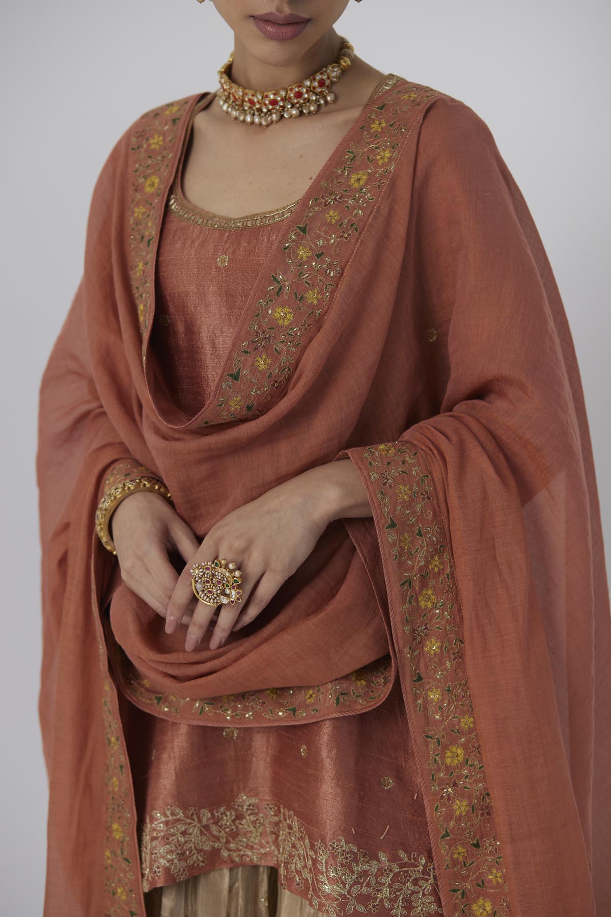 Rust Peach Ari Zardosi Kurta Set