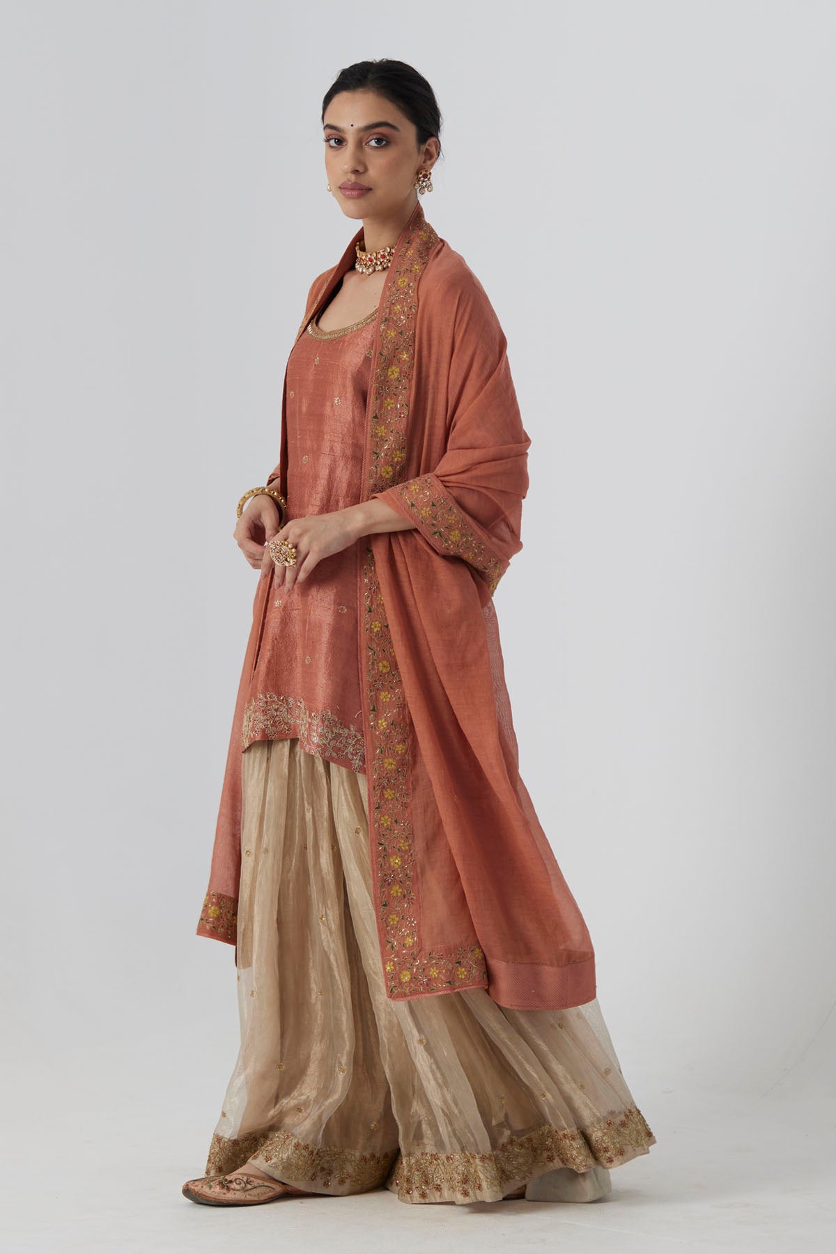 Rust Peach Ari Zardosi Kurta Set