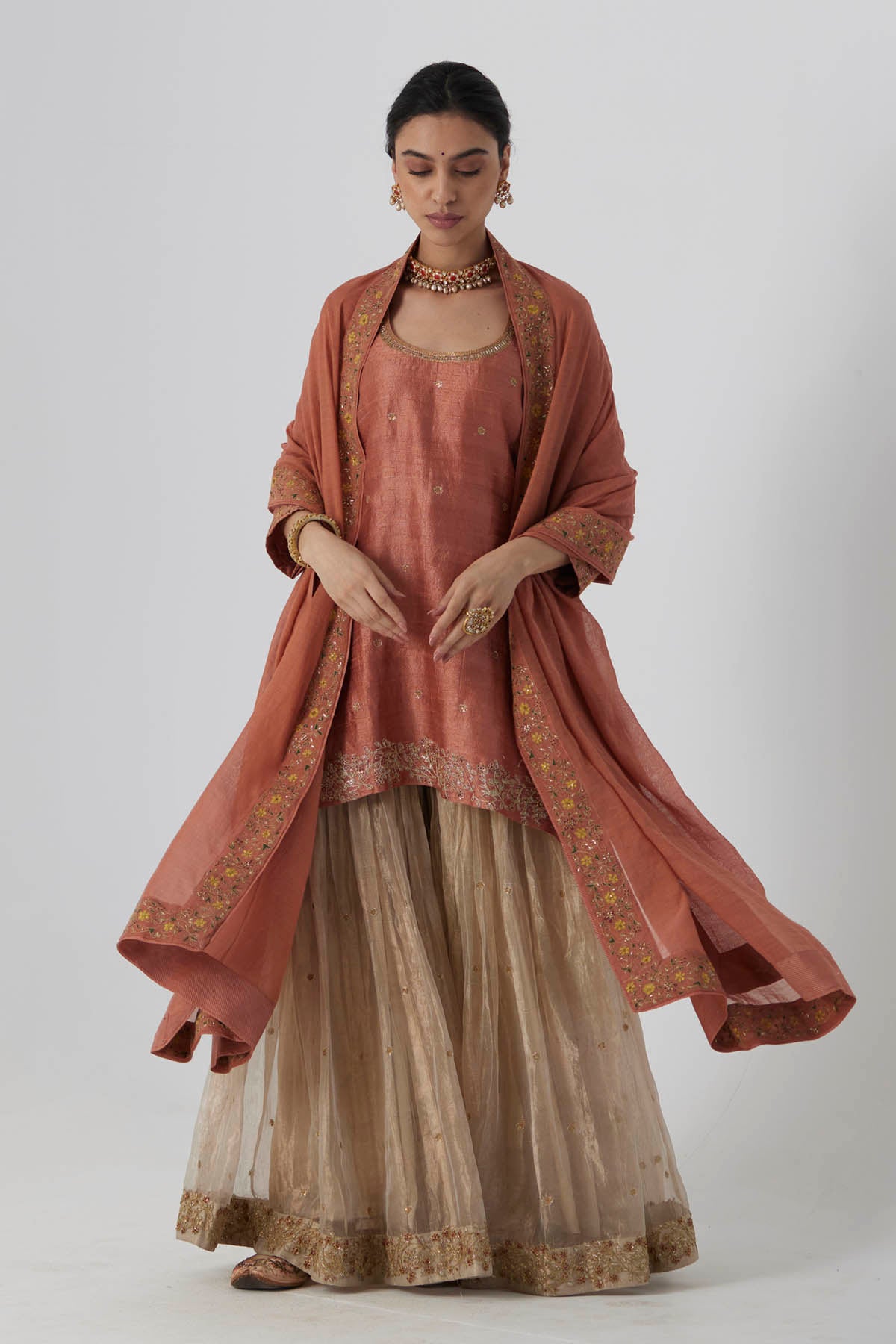 Rust Peach Ari Zardosi Kurta Set