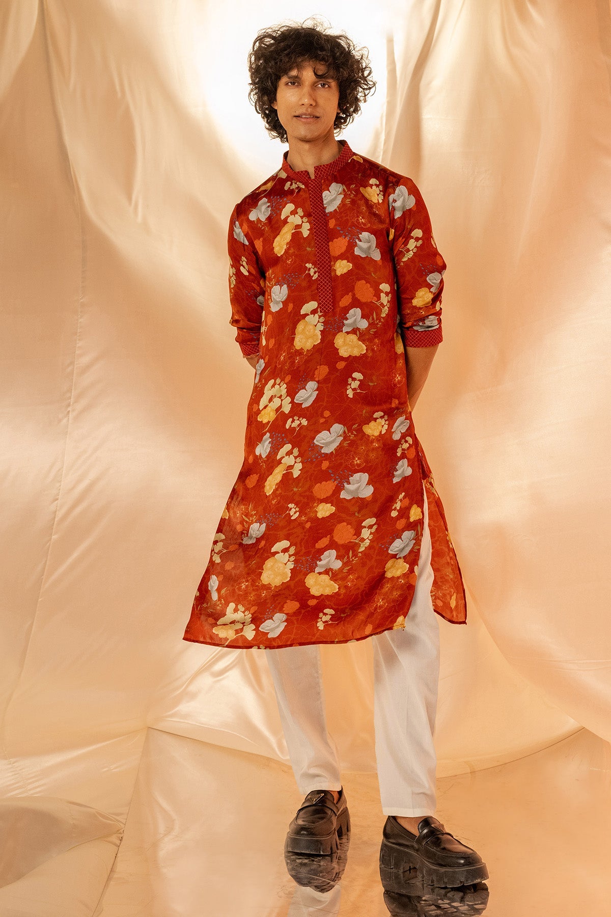 Buy Rust Anchor Detail Printed Kurta by Shristi Chetani for men online at ScrollnShops