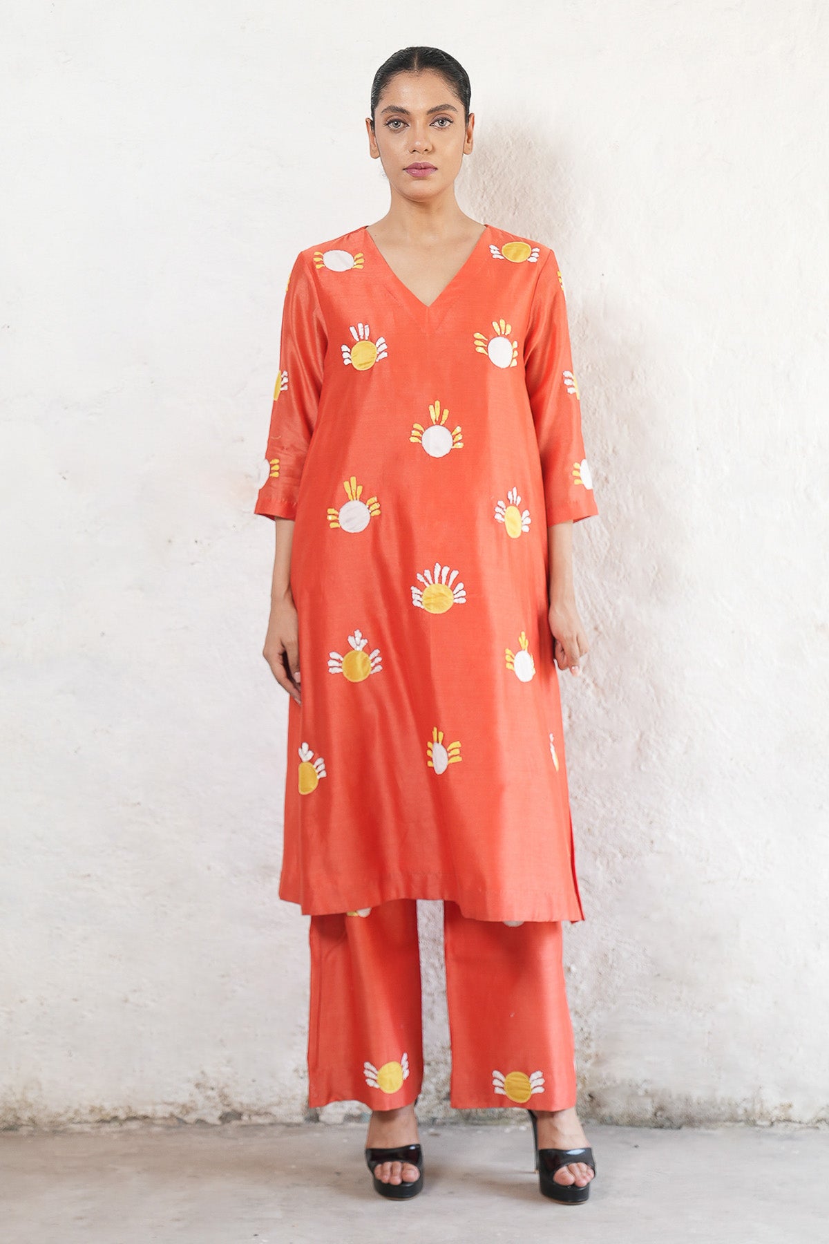 Rust Applique Work Kurta Set