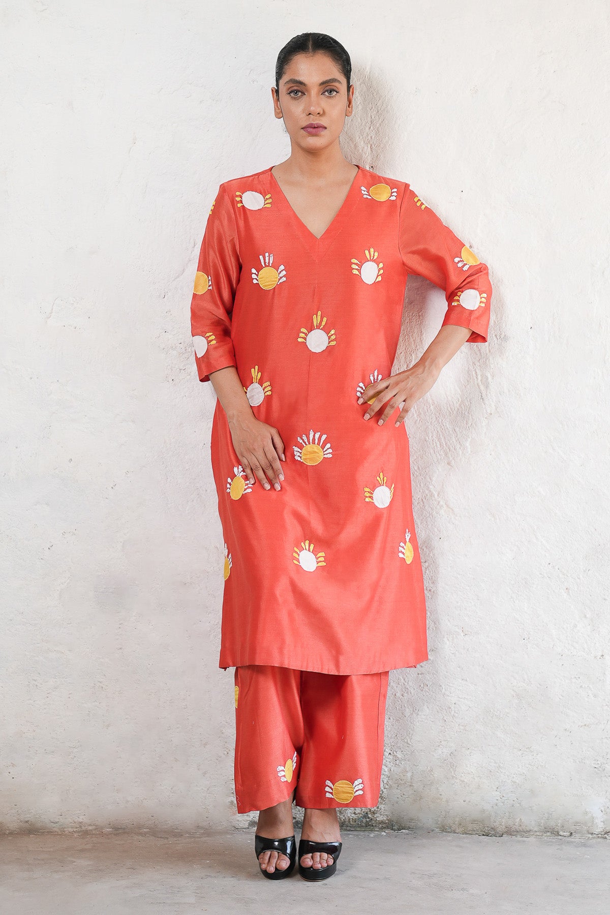 Rust Applique Work Kurta Set