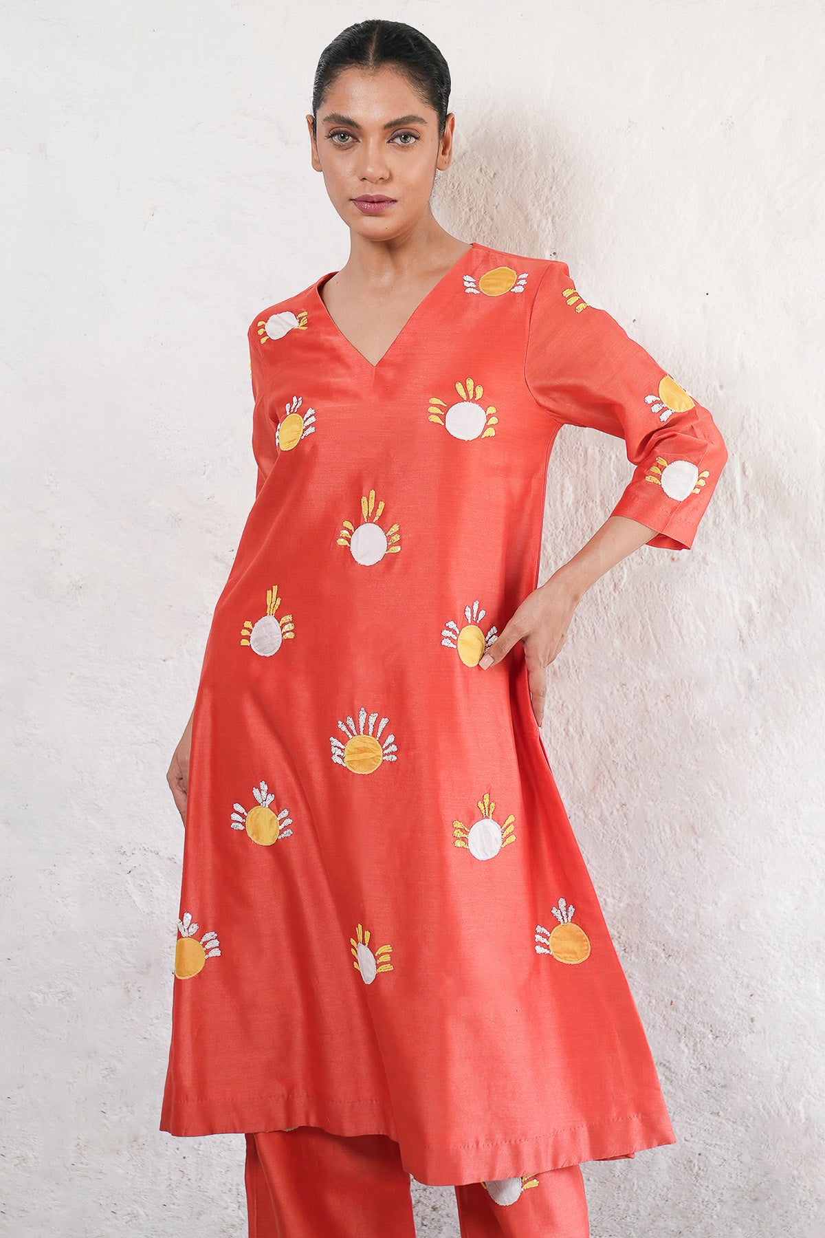 Rust Applique Work Kurta Set