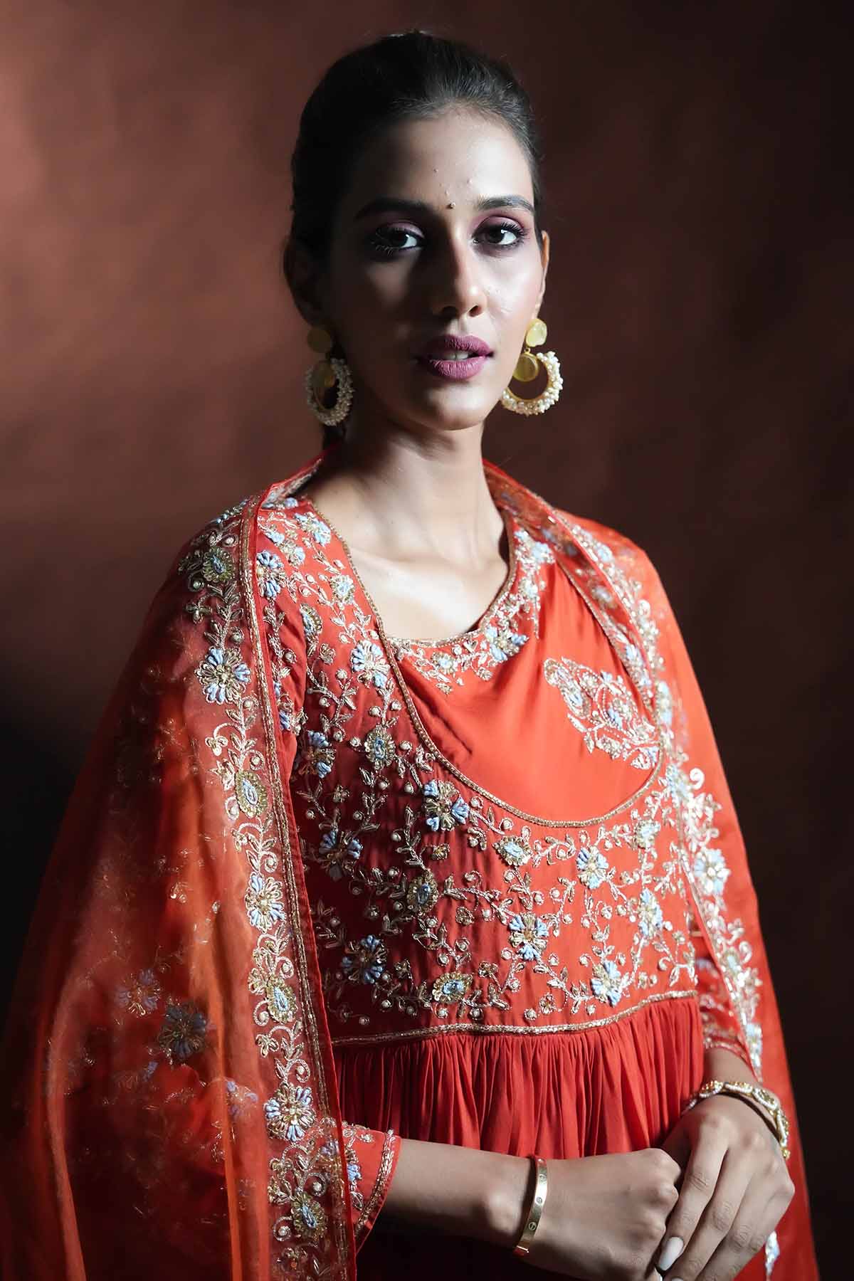 Rust Beads Work Anarkali Set