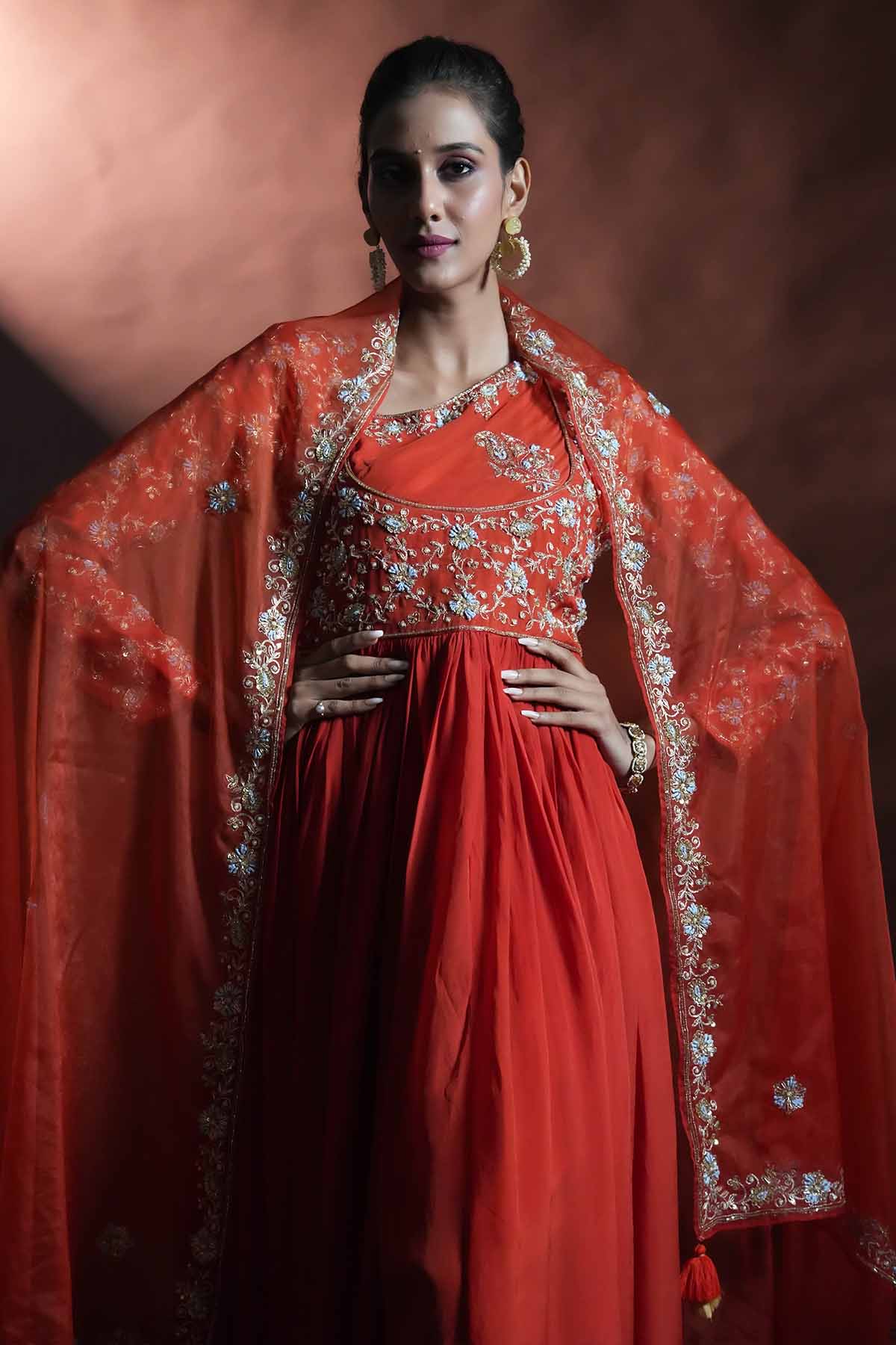 Rust Beads Work Anarkali Set