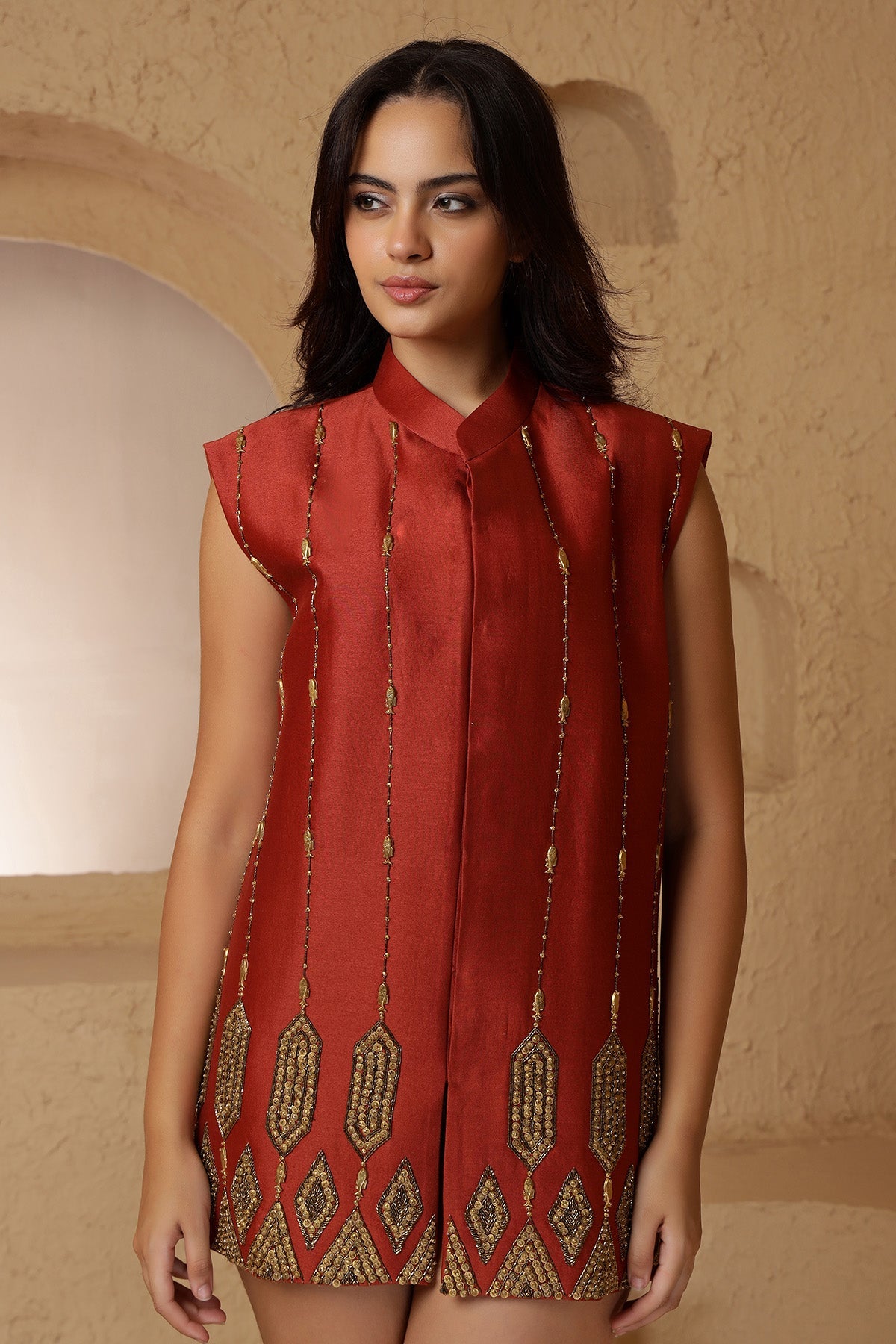 Buy Rust Brass Embroidered Jacket by Harshita for women online at ScrollnShops