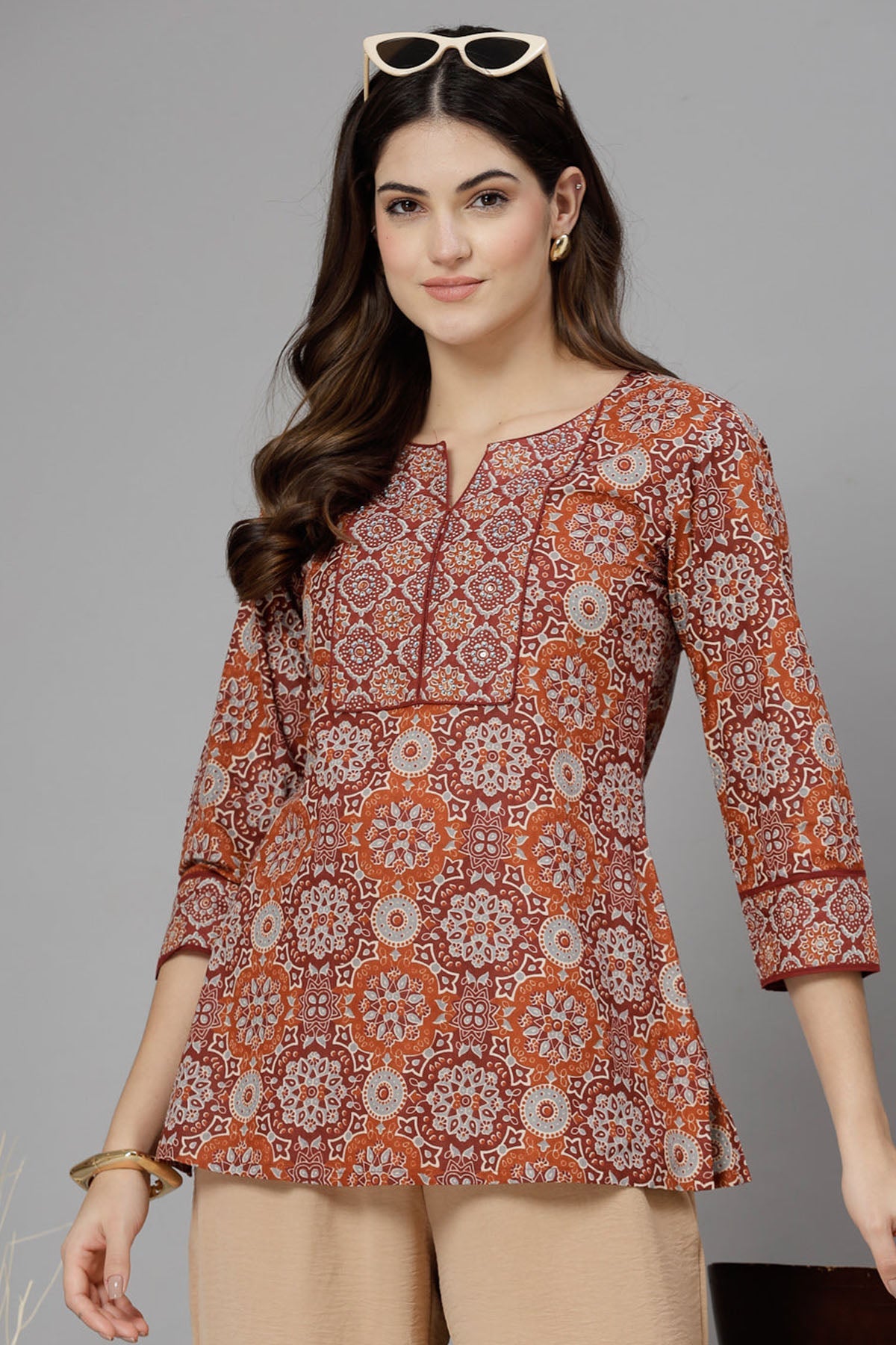 Buy Rust Brown Cotton Printed Top for Women by Qomn Designer online available at scrollnshops