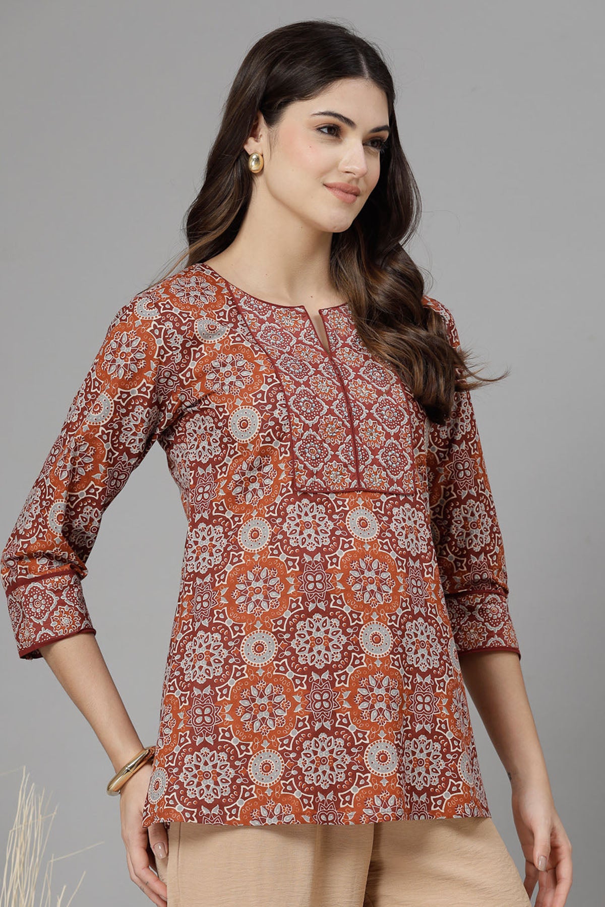Rust Brown Cotton Printed Top