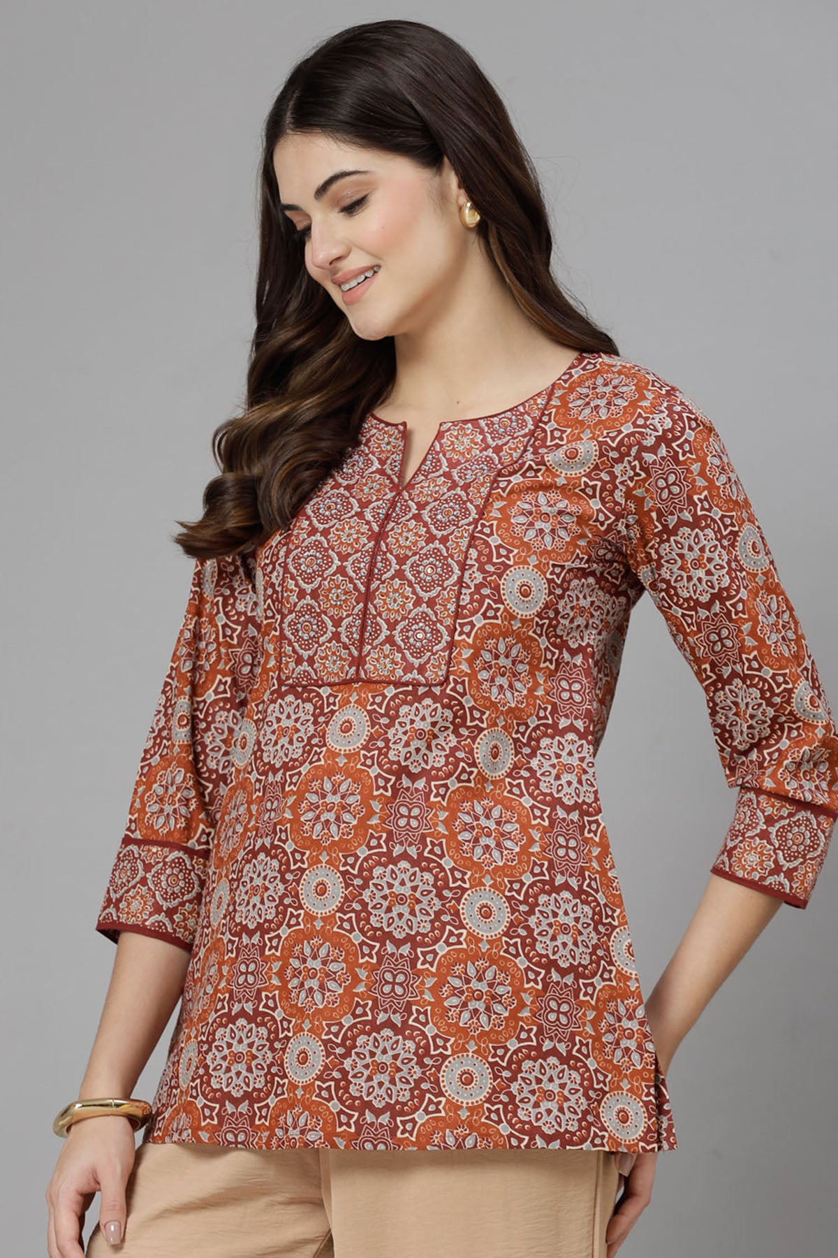 Rust Brown Cotton Printed Top