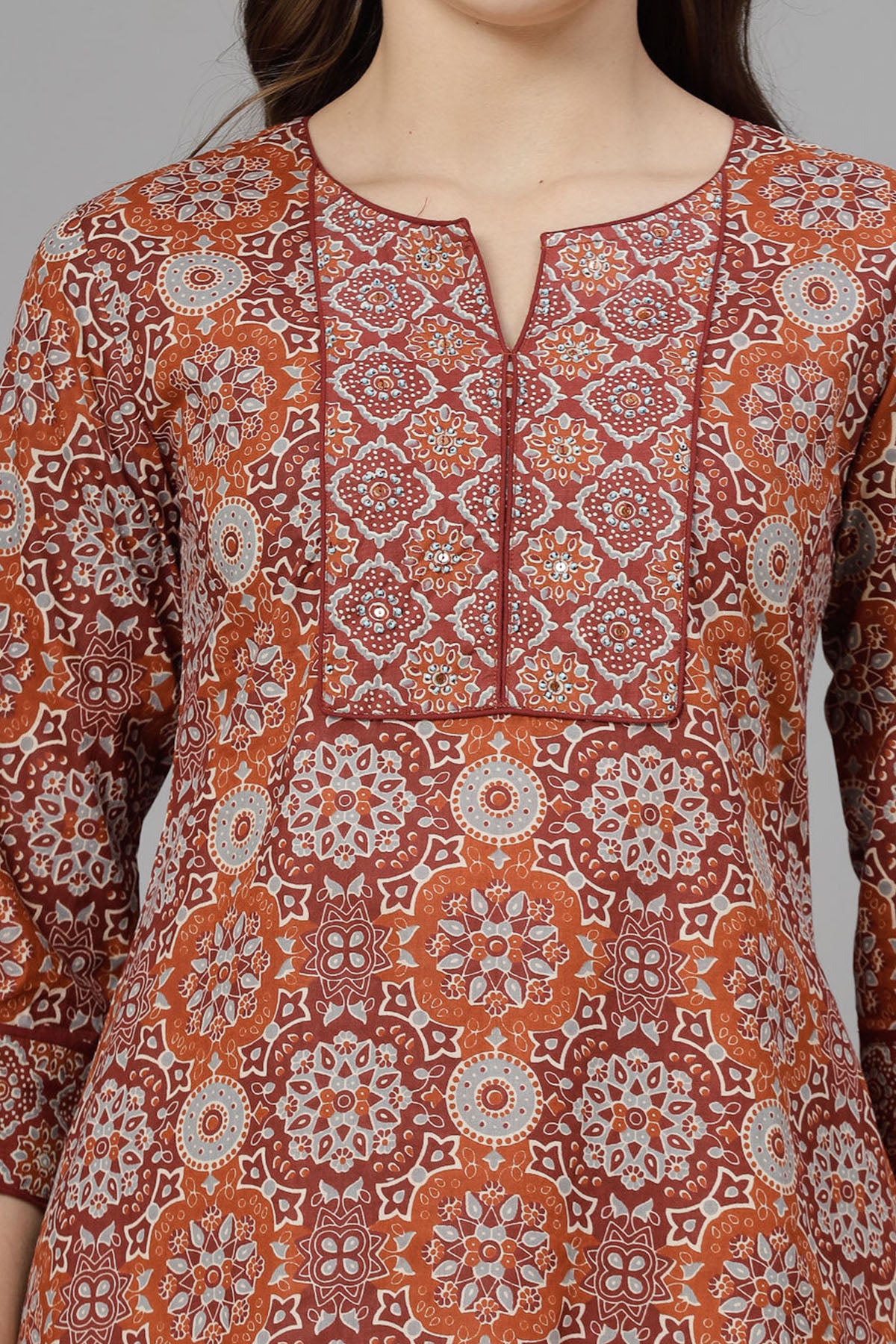 Rust Brown Cotton Printed Top