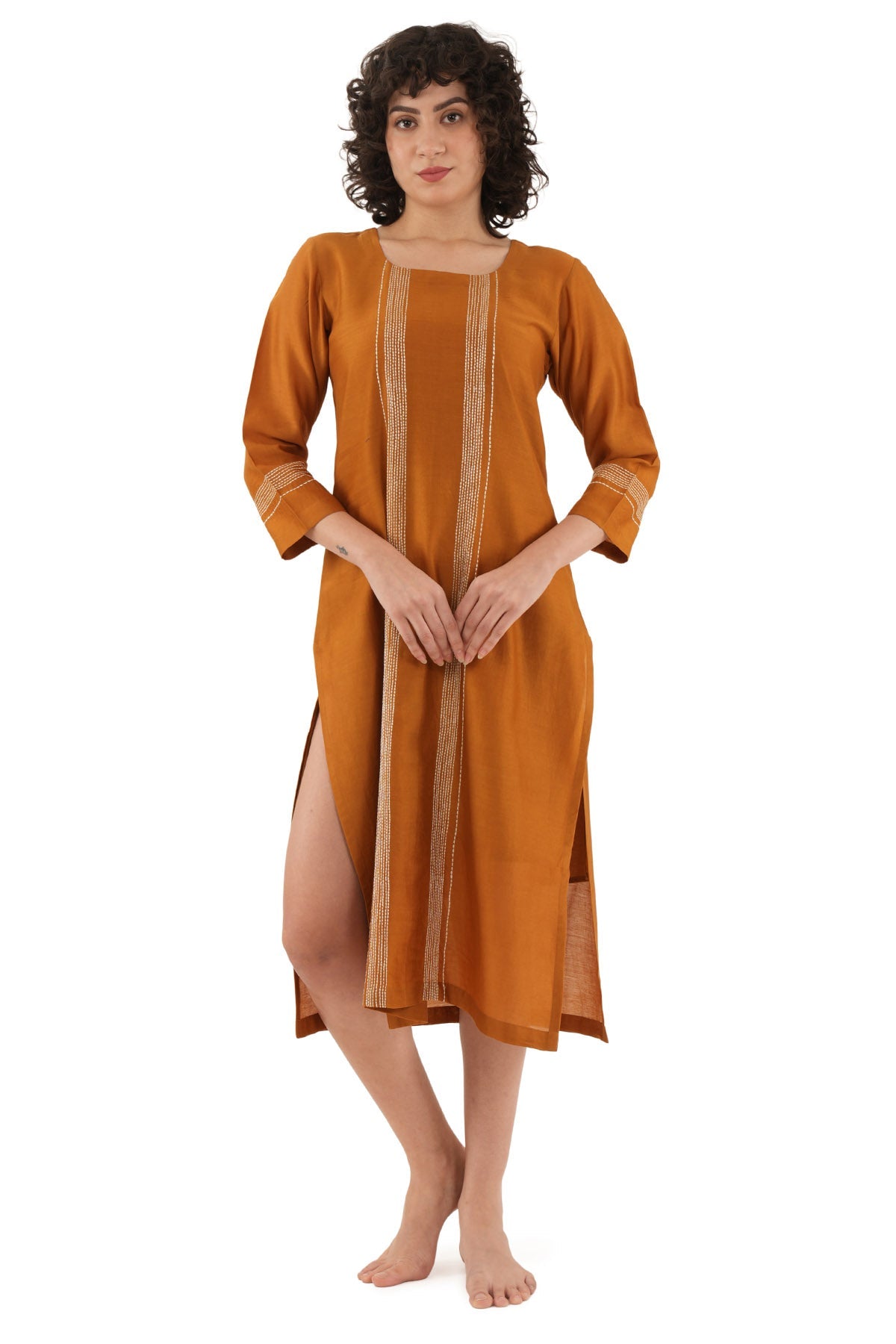 Buy Rust Chanderi Silk Midi Dress for women by Khat Clothing online available at scrollnshops