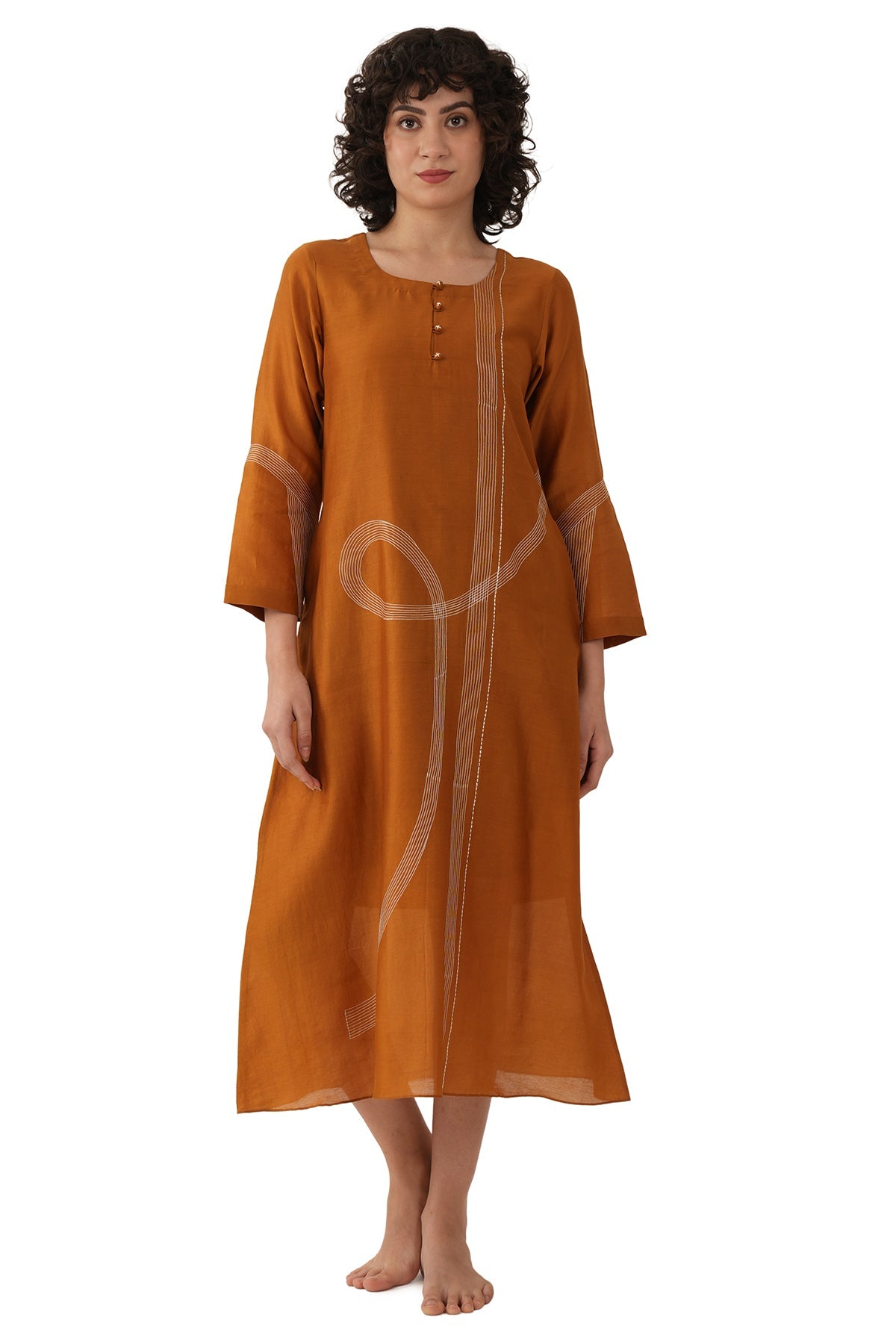 Buy Rust Chawal Takka Midi Dress for women by Khat Clothing online available at scrollnshops