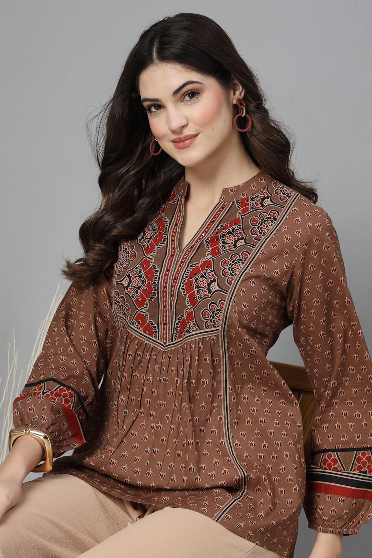 Buy Rust Cotton Sequins Yoke Top for Women by Qomn Designer online available at scrollnshops