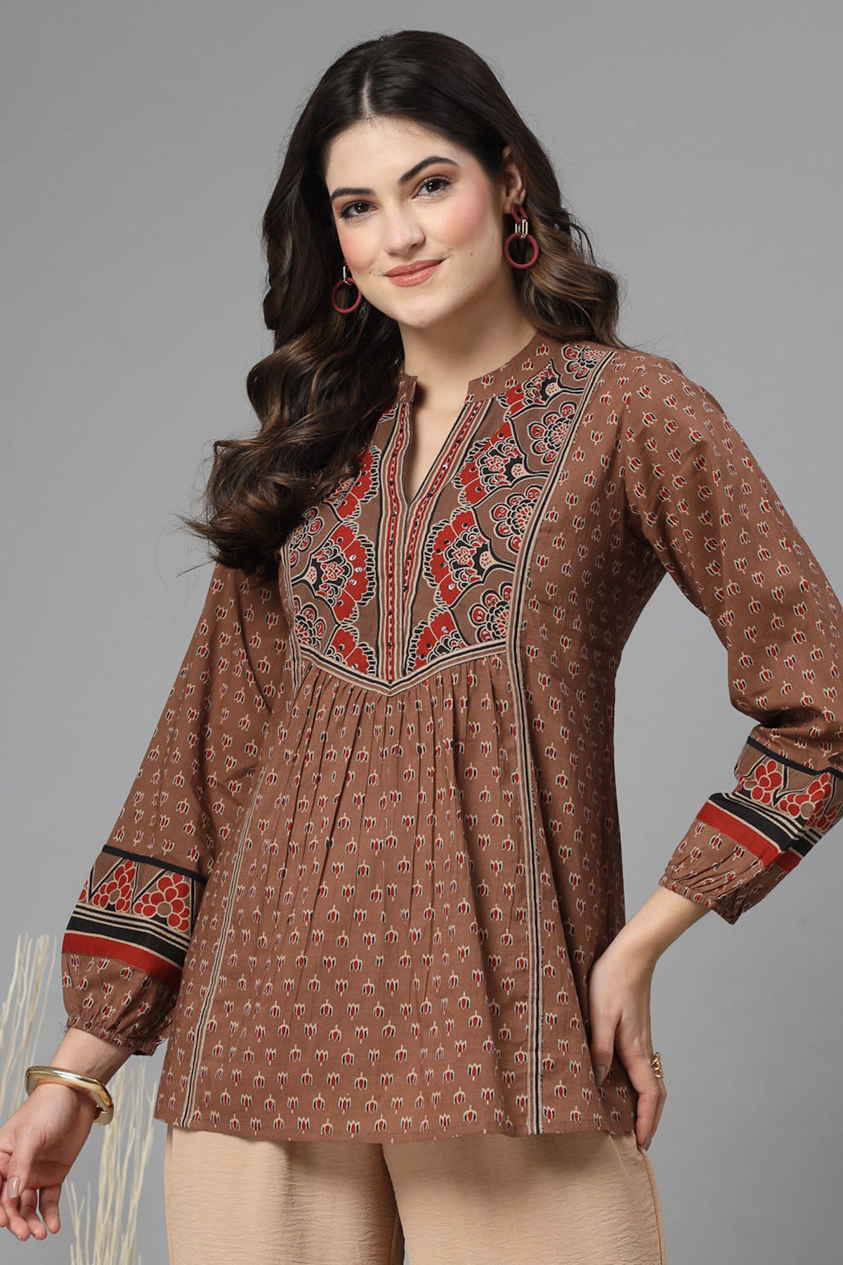 Rust Cotton Sequins Yoke Top