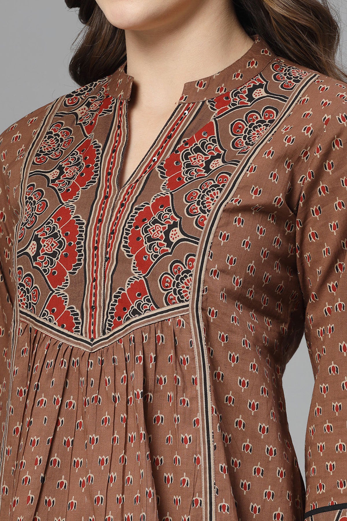 Rust Cotton Sequins Yoke Top