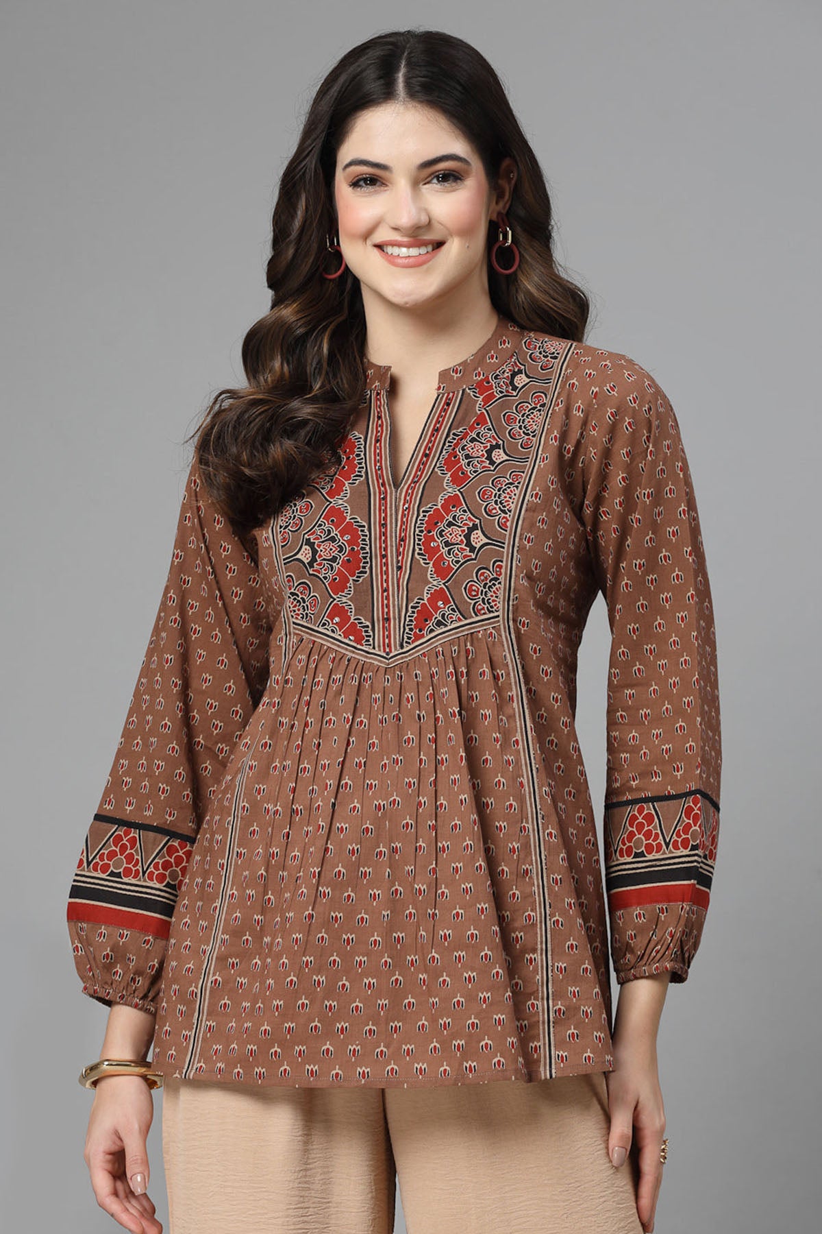 Rust Cotton Sequins Yoke Top