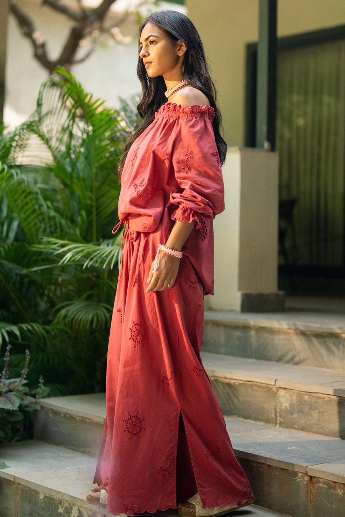 Rust Cotton Yoke Scallop Pants