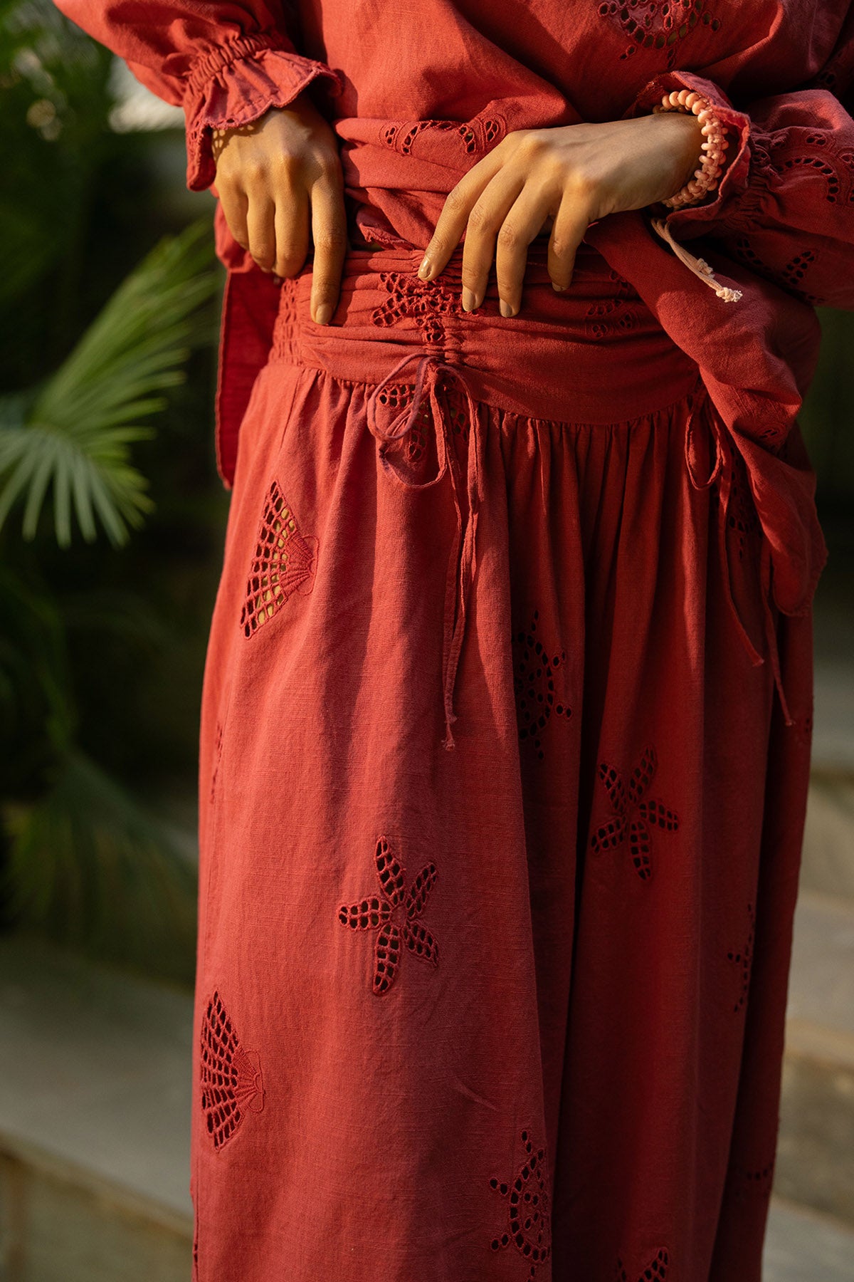 Rust Cotton Yoke Scallop Pants