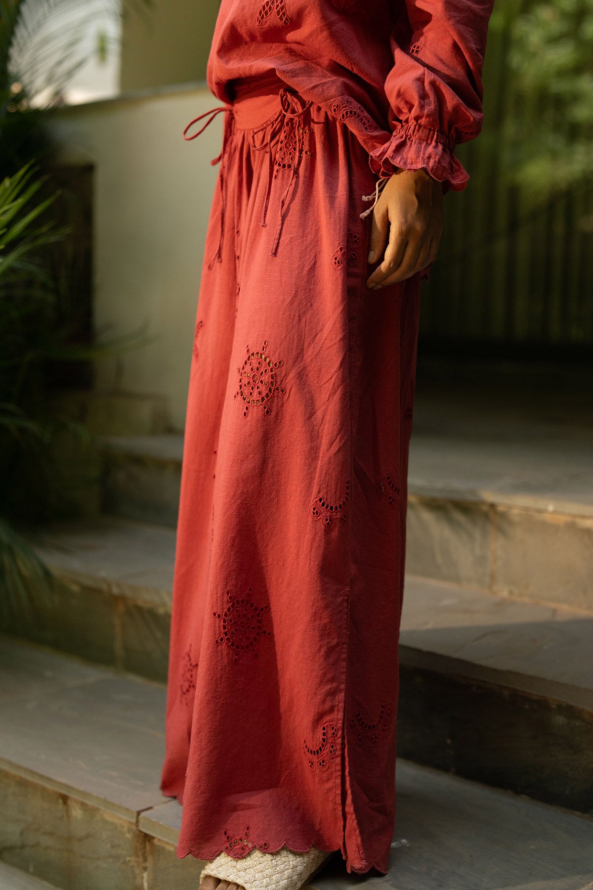 Rust Cotton Yoke Scallop Pants