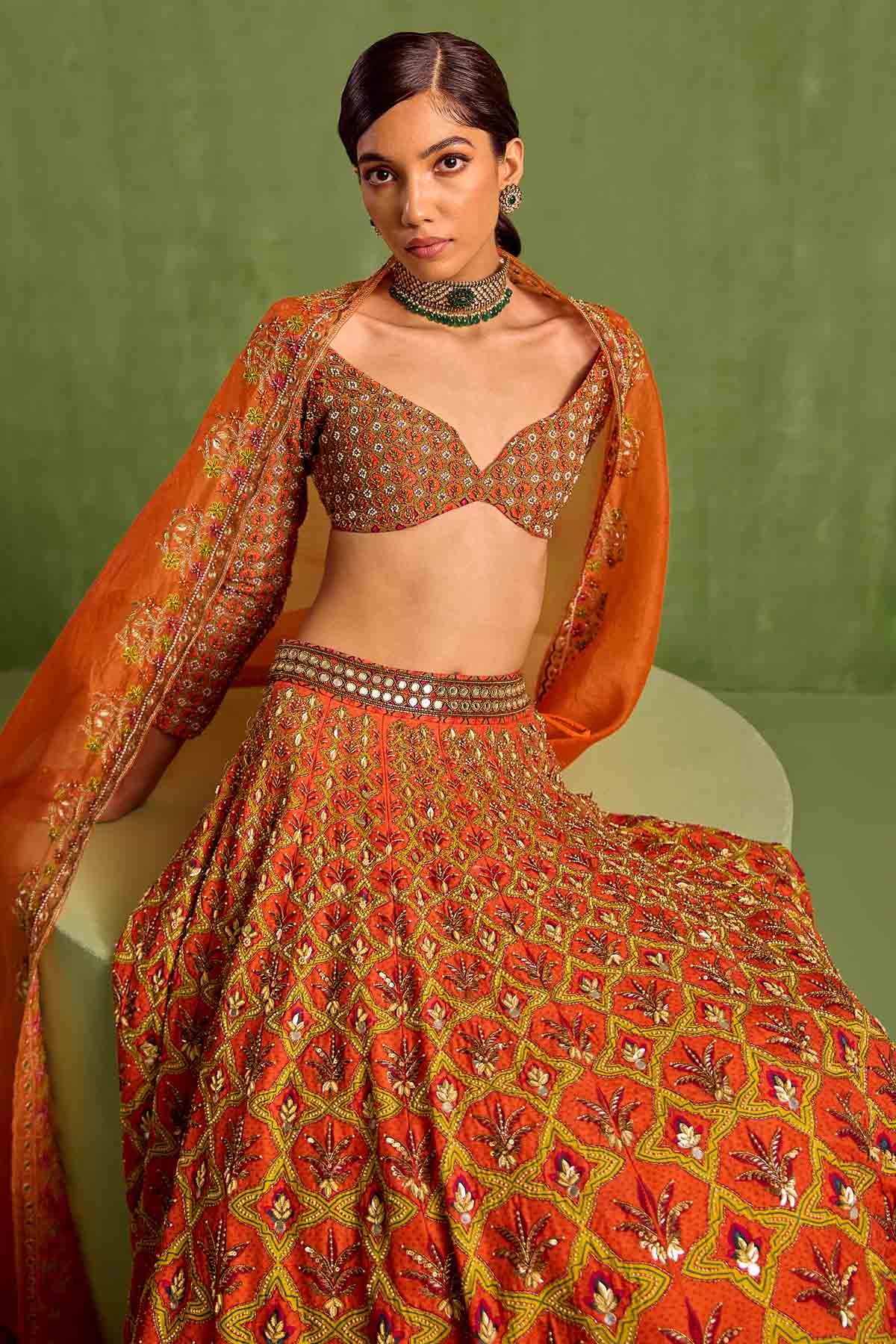Rust Digital Print Lehenga Set