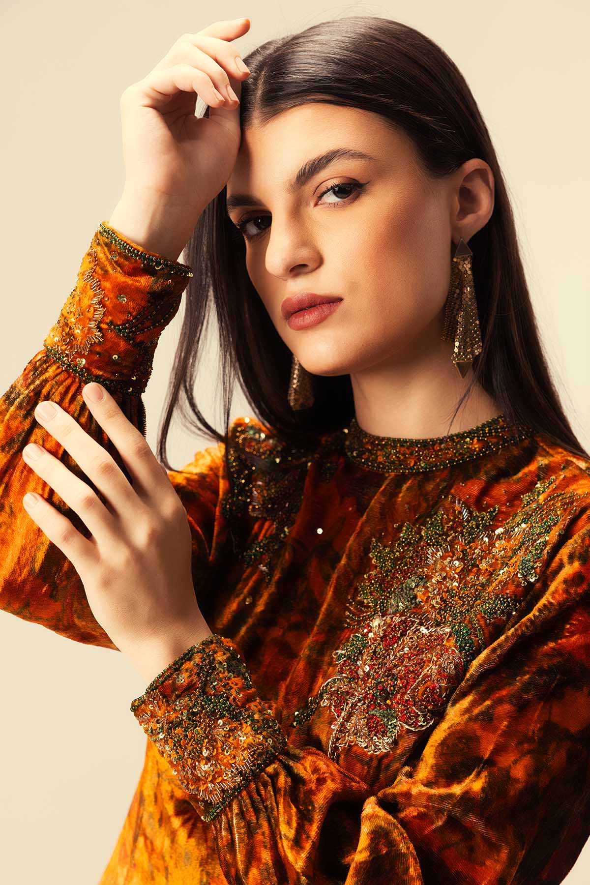 Rust Embellished Long Tunic Set