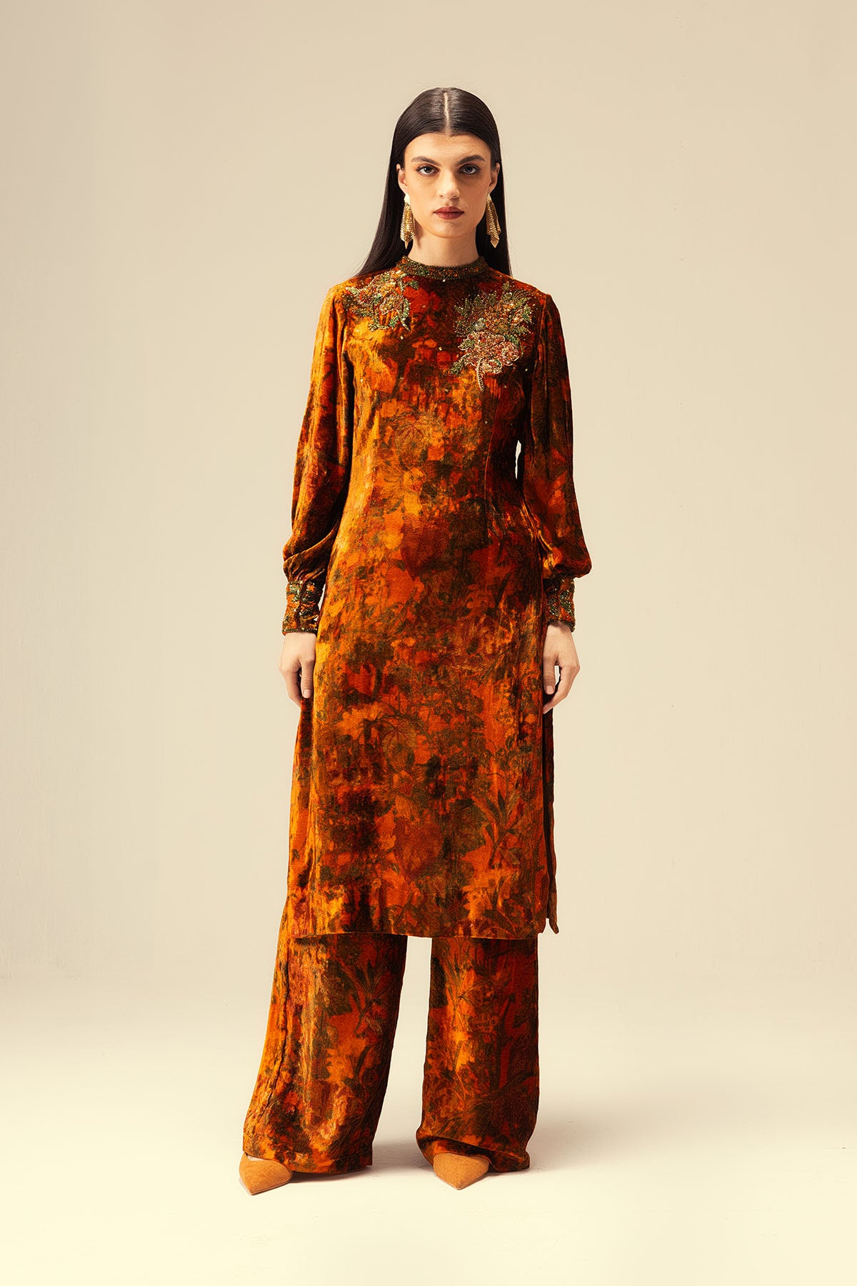 Rust Embellished Long Tunic Set