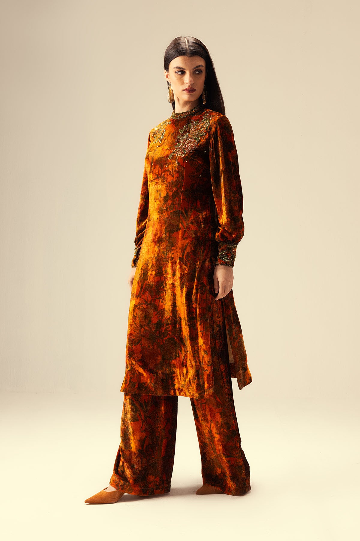 Rust Embellished Long Tunic Set