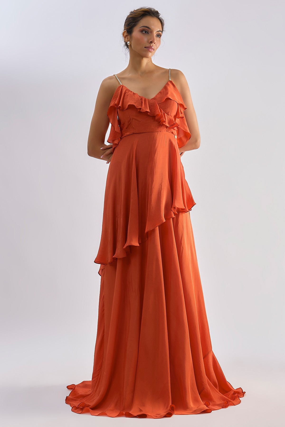 Buy Rust Embellished Ruffle Gown for women by Emblaze online available at scrollnshops