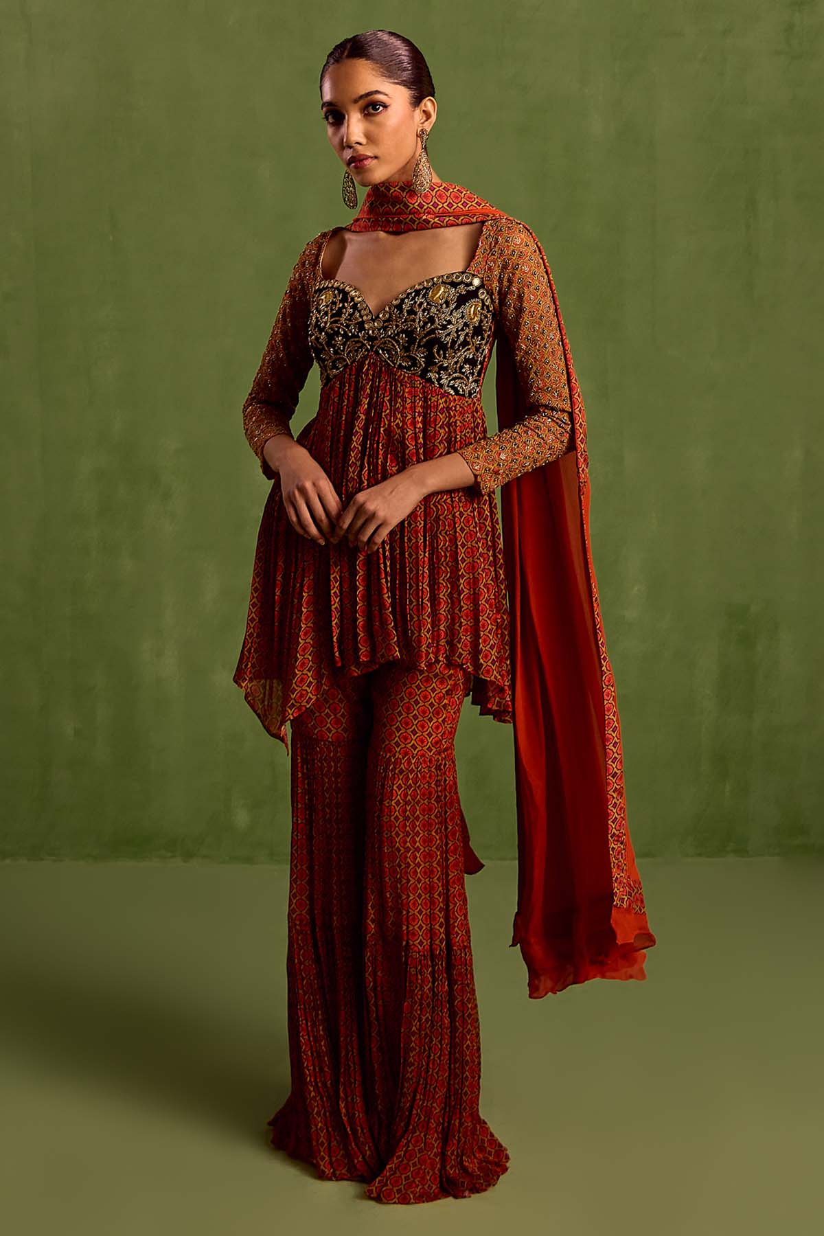 Rust Embroidered Garara Set