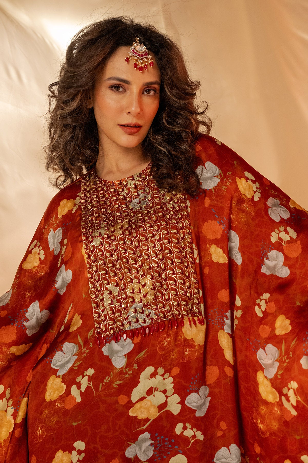 Rust Embroidered Kaftan & Pants